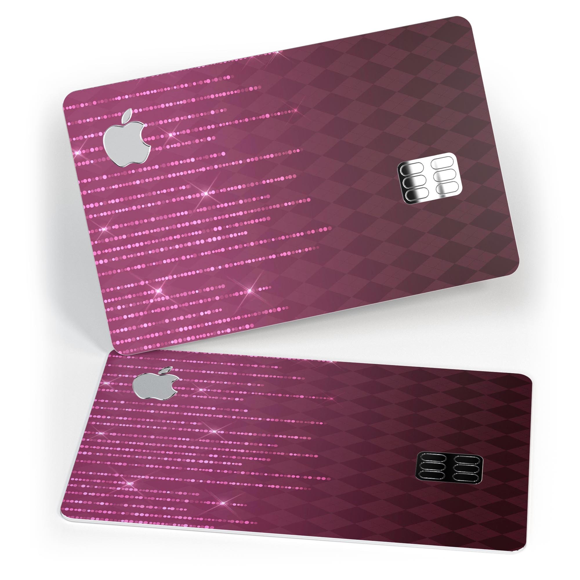 Sparkling Pink Orbs over Burgundy Diamonds decal for Apple Card, showcasing vibrant colors and premium vinyl material.