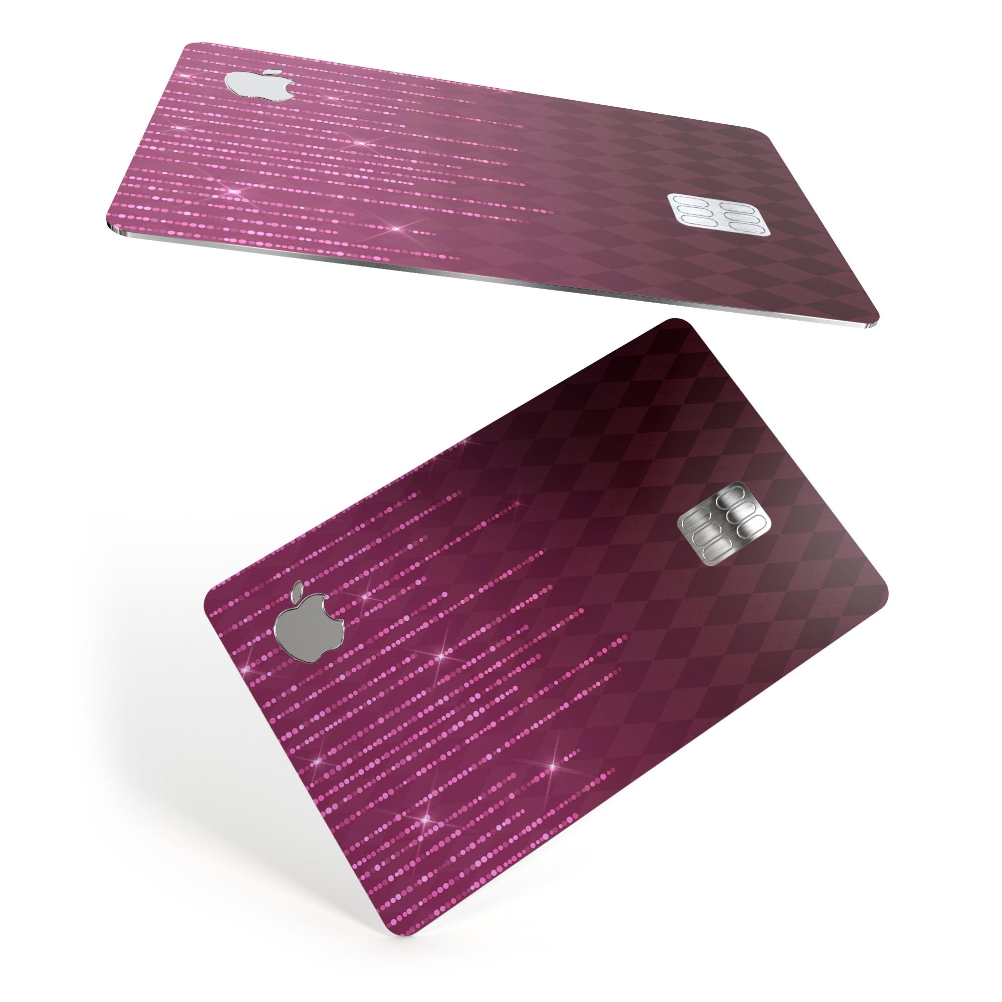 Sparkling Pink Orbs over Burgundy Diamonds decal for Apple Card, showcasing vibrant colors and premium vinyl material.