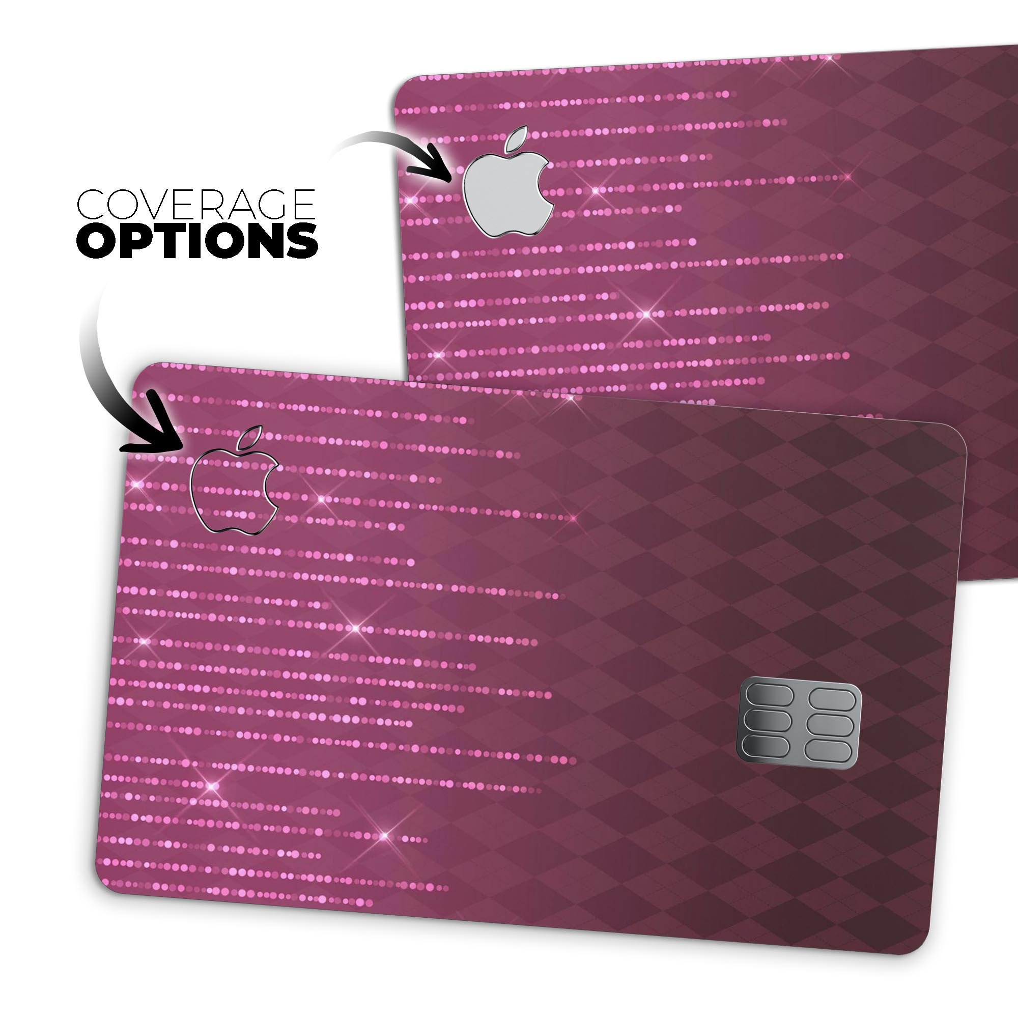 Sparkling Pink Orbs over Burgundy Diamonds decal for Apple Card, showcasing vibrant colors and premium vinyl material.