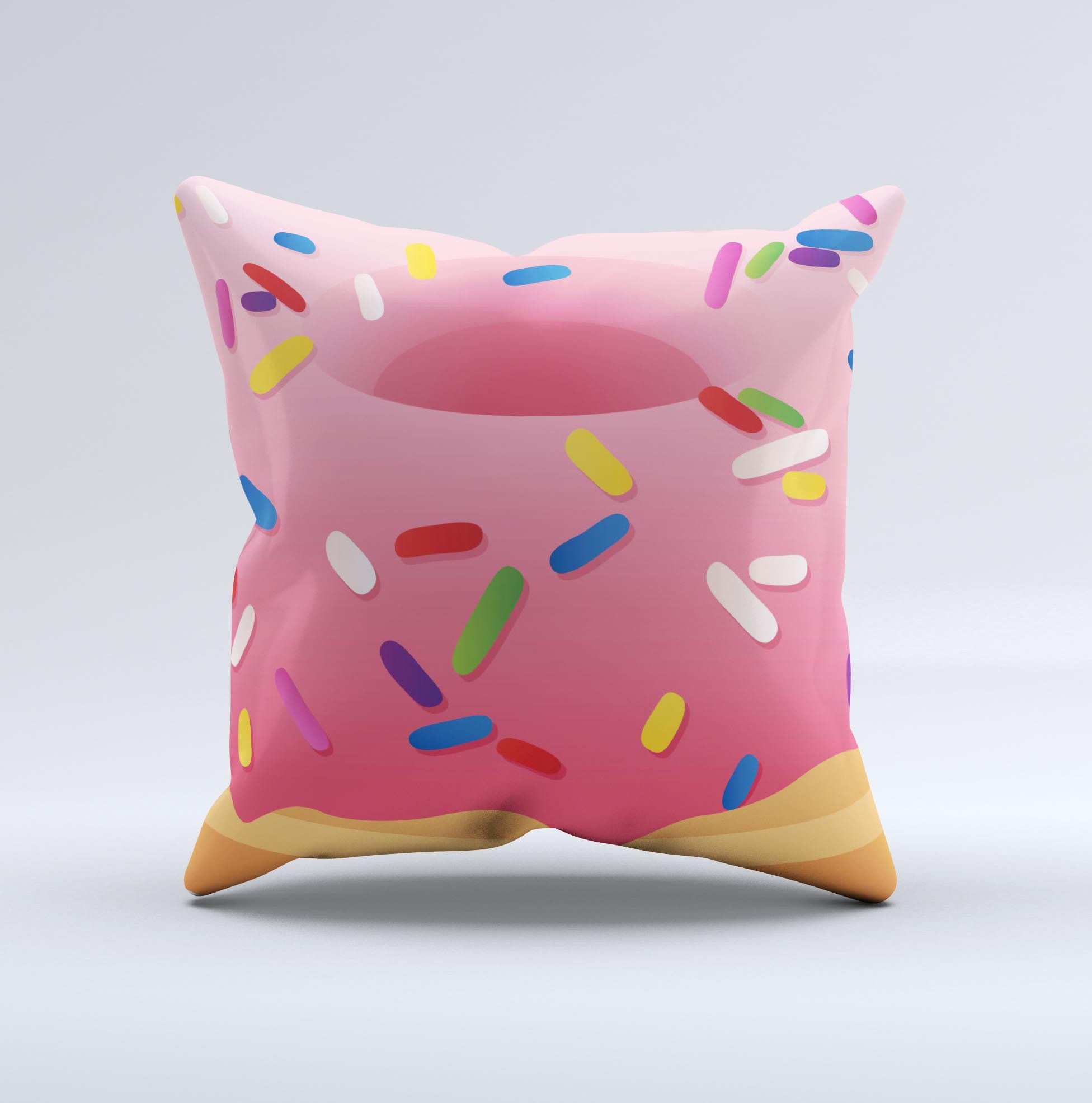 A colorful 3D donut decorative throw pillow with sprinkles, handcrafted in Virginia, showcasing unique imperfections.