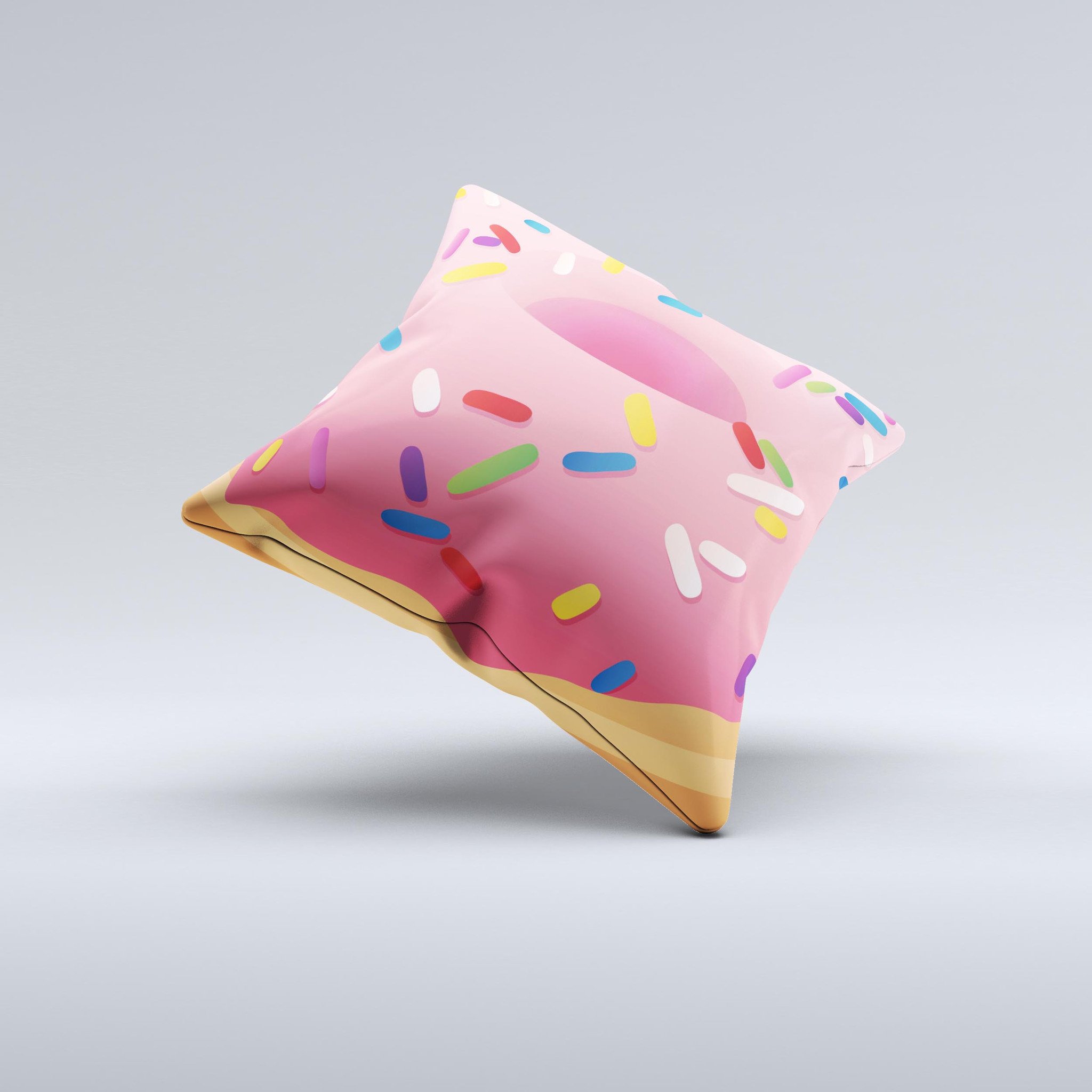 A colorful 3D donut decorative throw pillow with sprinkles, handcrafted in Virginia, showcasing unique imperfections.