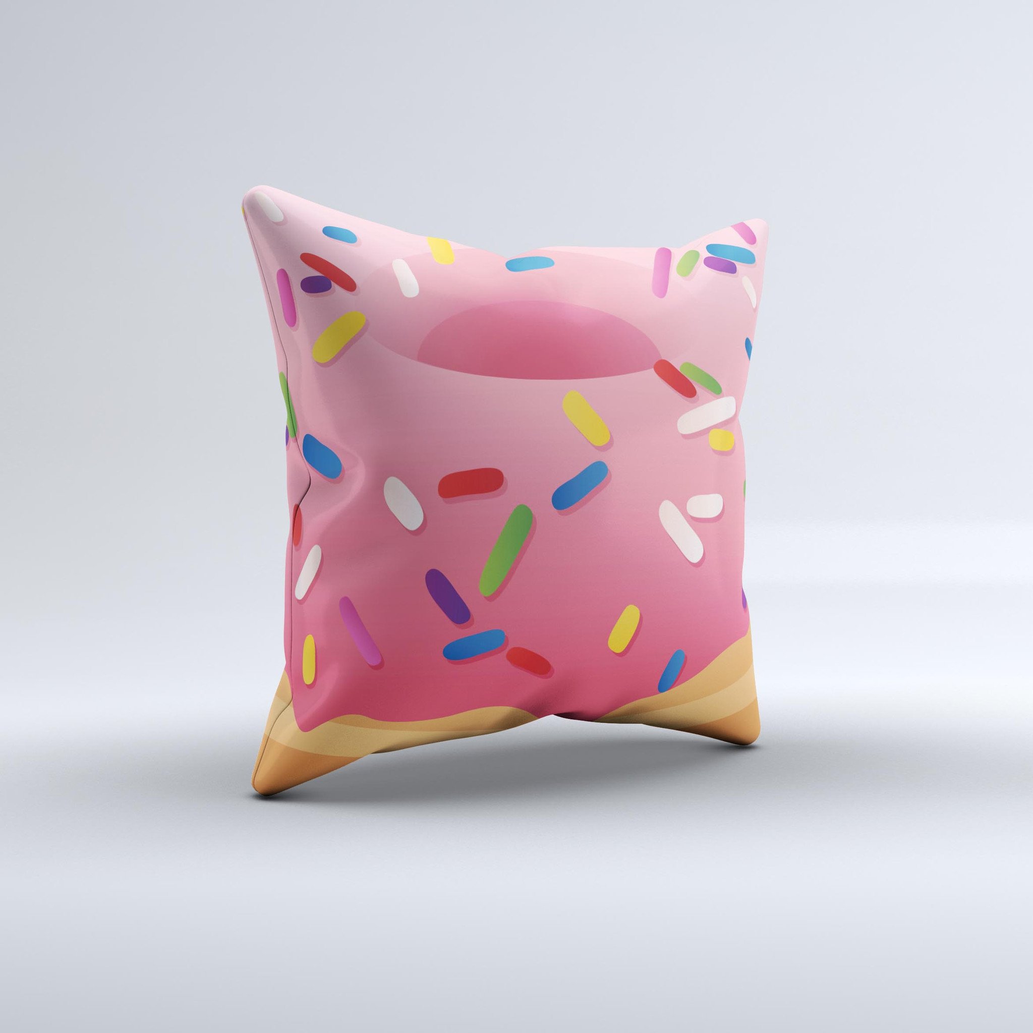 A colorful 3D donut decorative throw pillow with sprinkles, handcrafted in Virginia, showcasing unique imperfections.