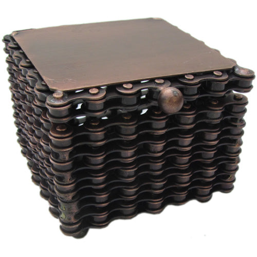 Square Bicycle Chain Box made from recycled bicycle chains, showcasing intricate craftsmanship and eco-friendly design.