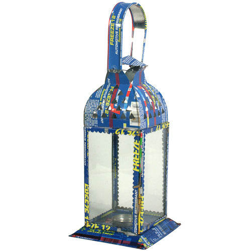 Square candle lantern made from recycled metal, showcasing unique colors and artisan craftsmanship, perfect for candles and tea lights.