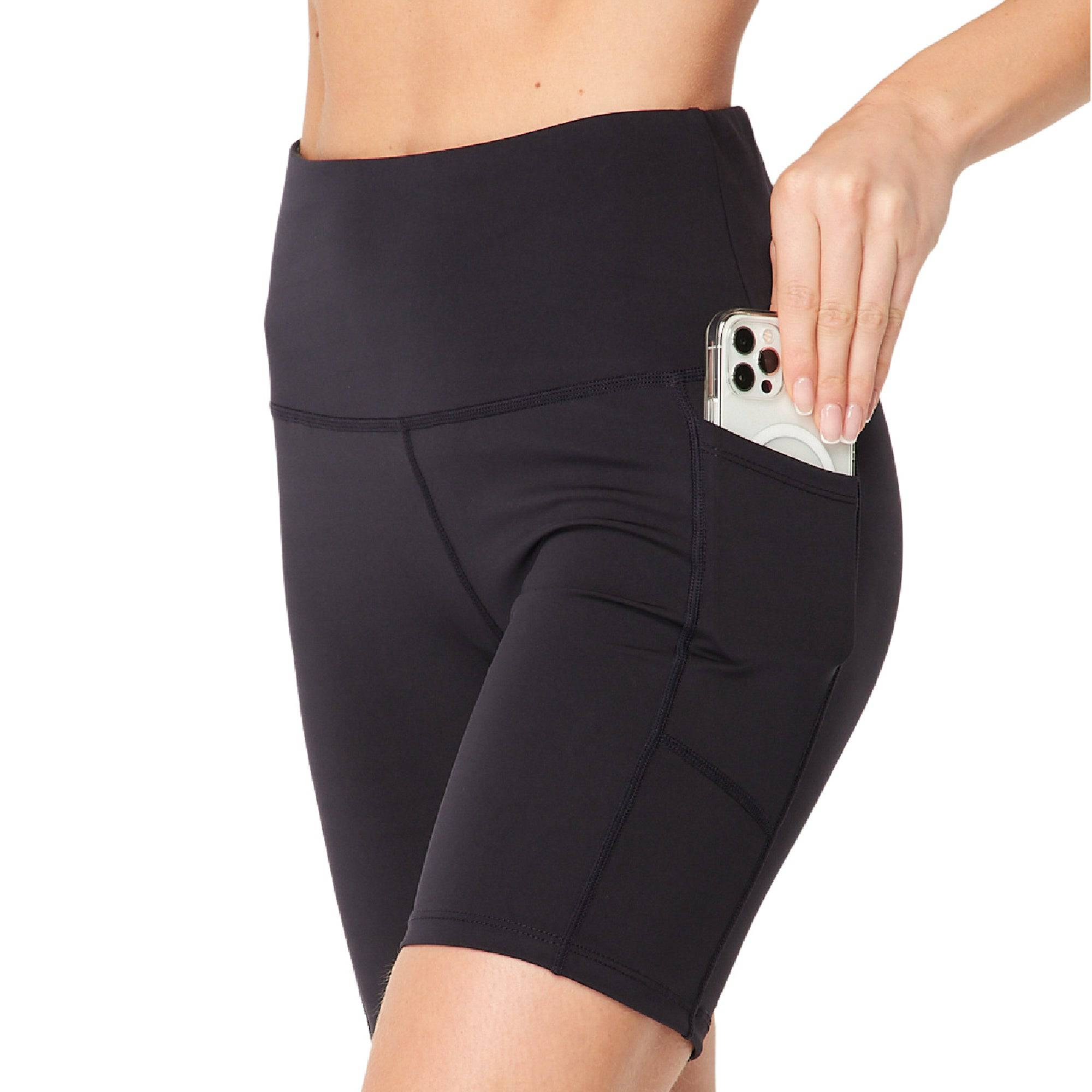 Squat Proof High-Waist Biker Leggings in black with side pockets, showcasing a tall waistband and soft fabric, ideal for workouts.