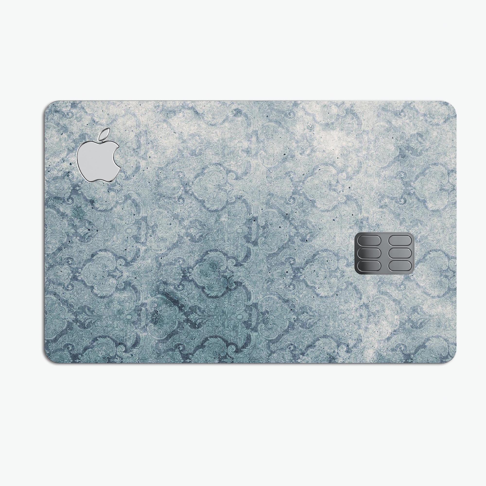 Stained Faded Blue Damask Pattern skin applied to an Apple Card, showcasing its elegant design and protective features.