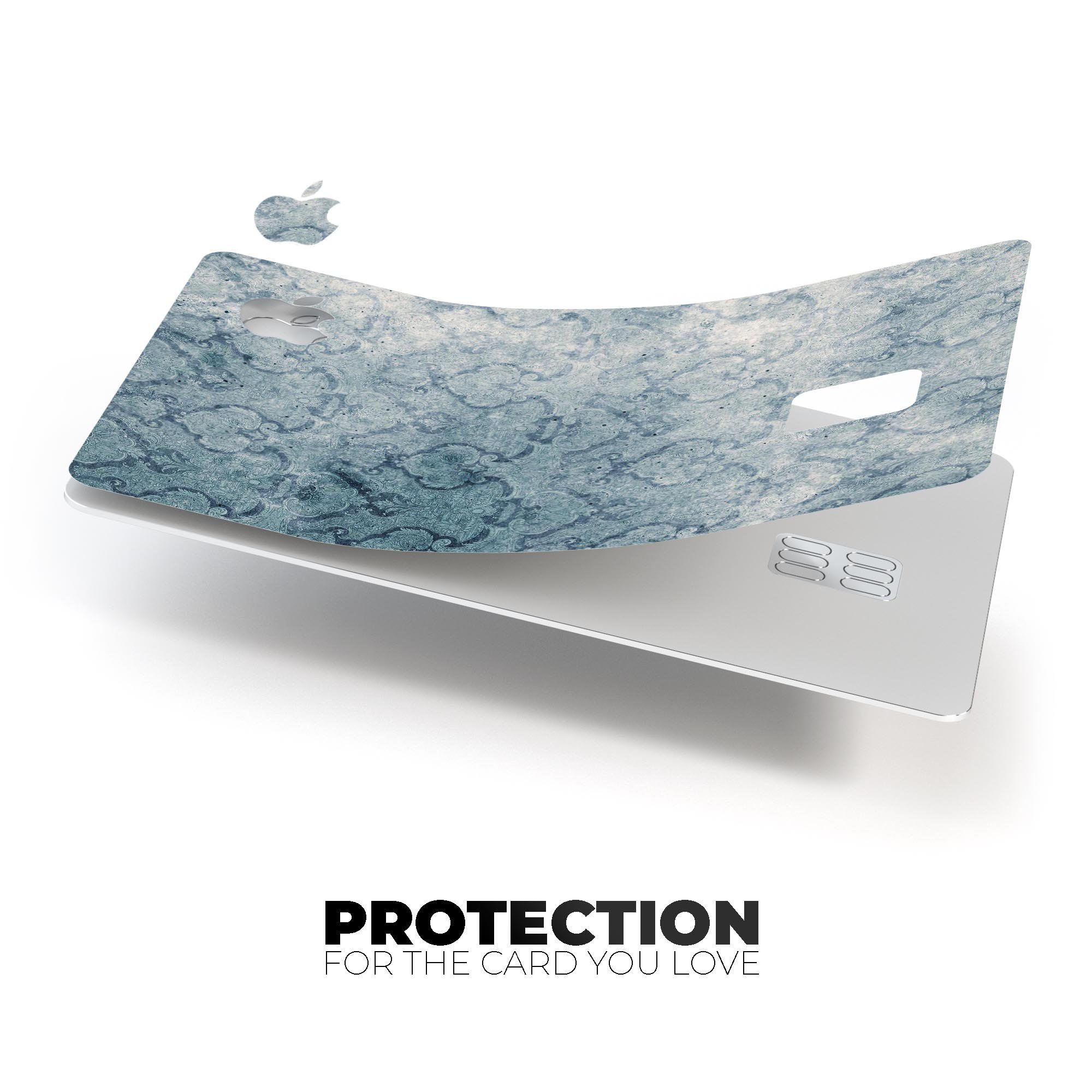 Stained Faded Blue Damask Pattern skin applied to an Apple Card, showcasing its elegant design and protective features.