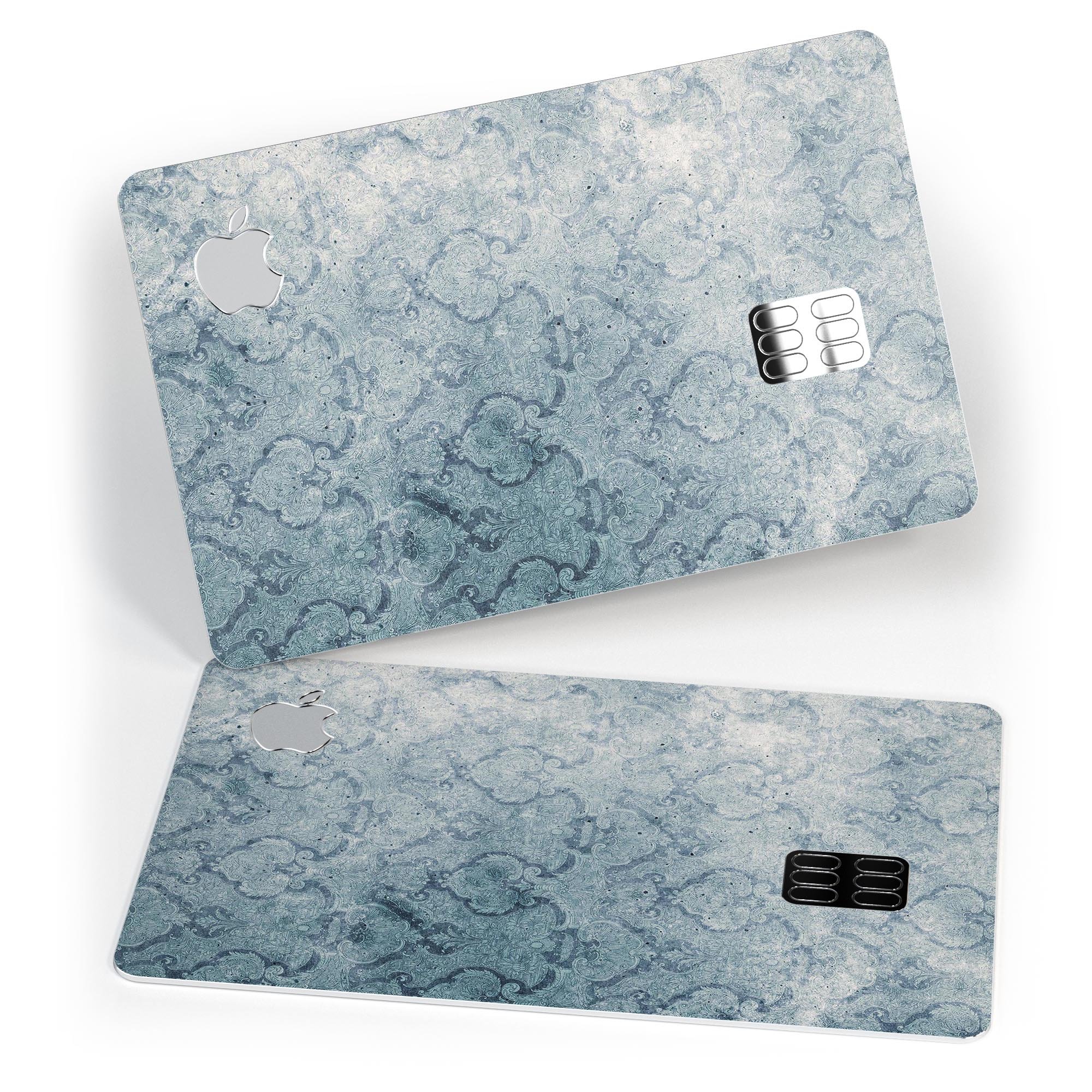 Stained Faded Blue Damask Pattern skin applied to an Apple Card, showcasing its elegant design and protective features.