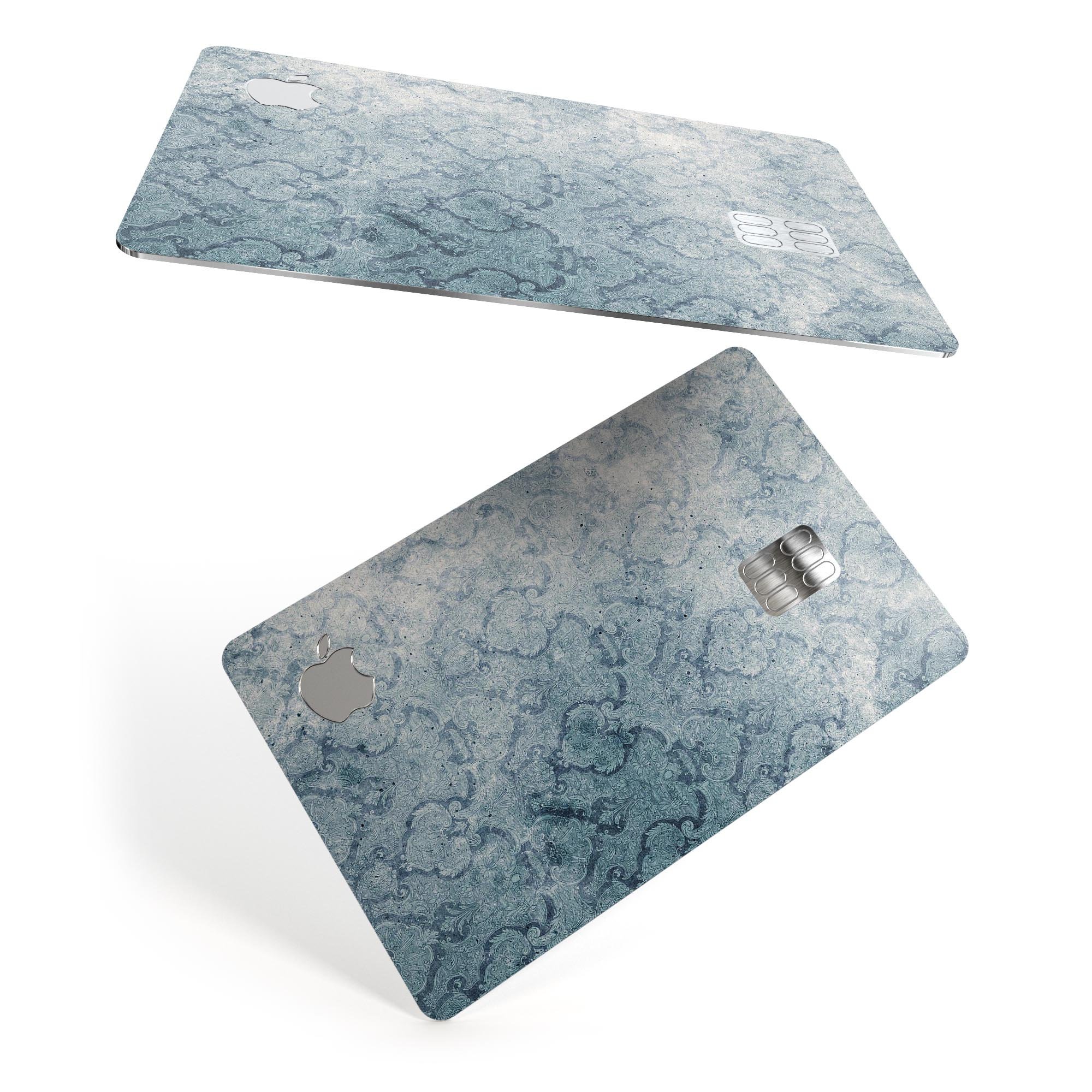 Stained Faded Blue Damask Pattern skin applied to an Apple Card, showcasing its elegant design and protective features.