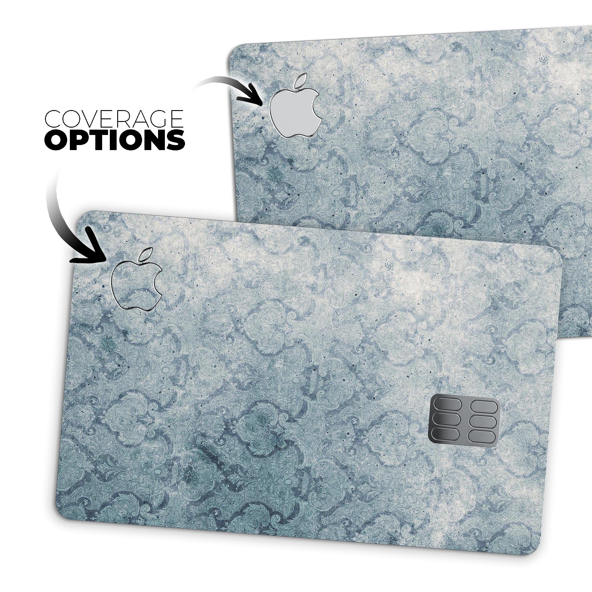 Stained Faded Blue Damask Pattern skin applied to an Apple Card, showcasing its elegant design and protective features.