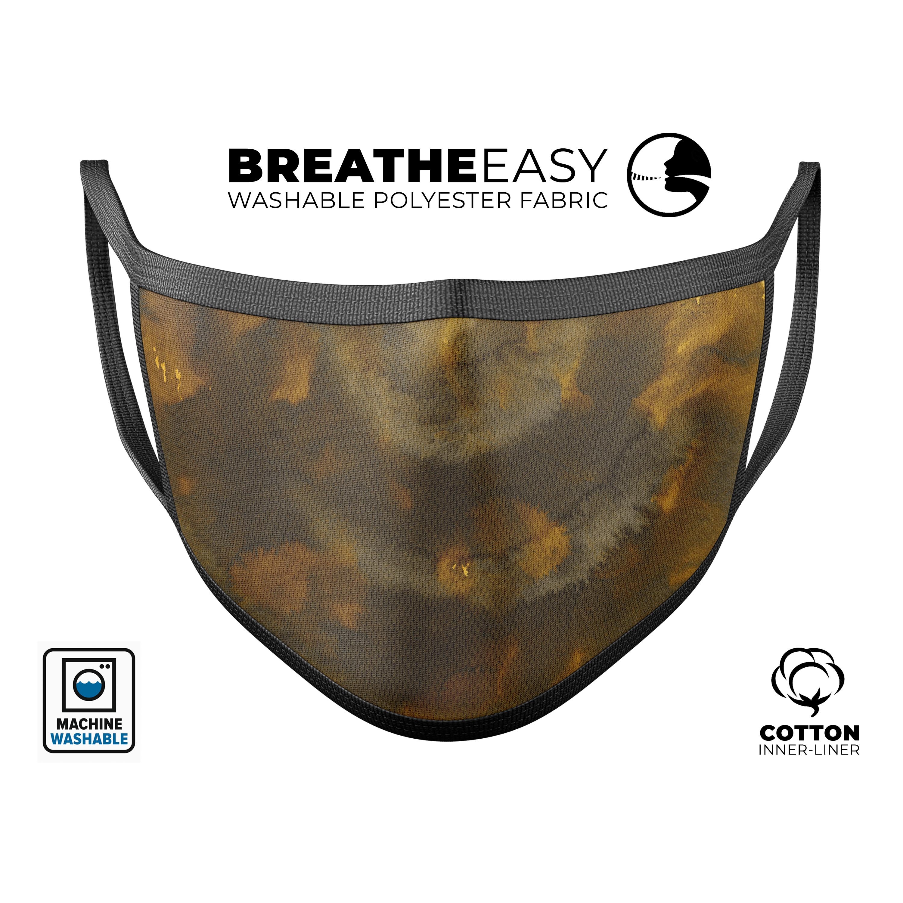 Stained Gold and Gray Circles unisex mouth cover, showcasing vibrant dye-sublimated design and adjustable ear loops.