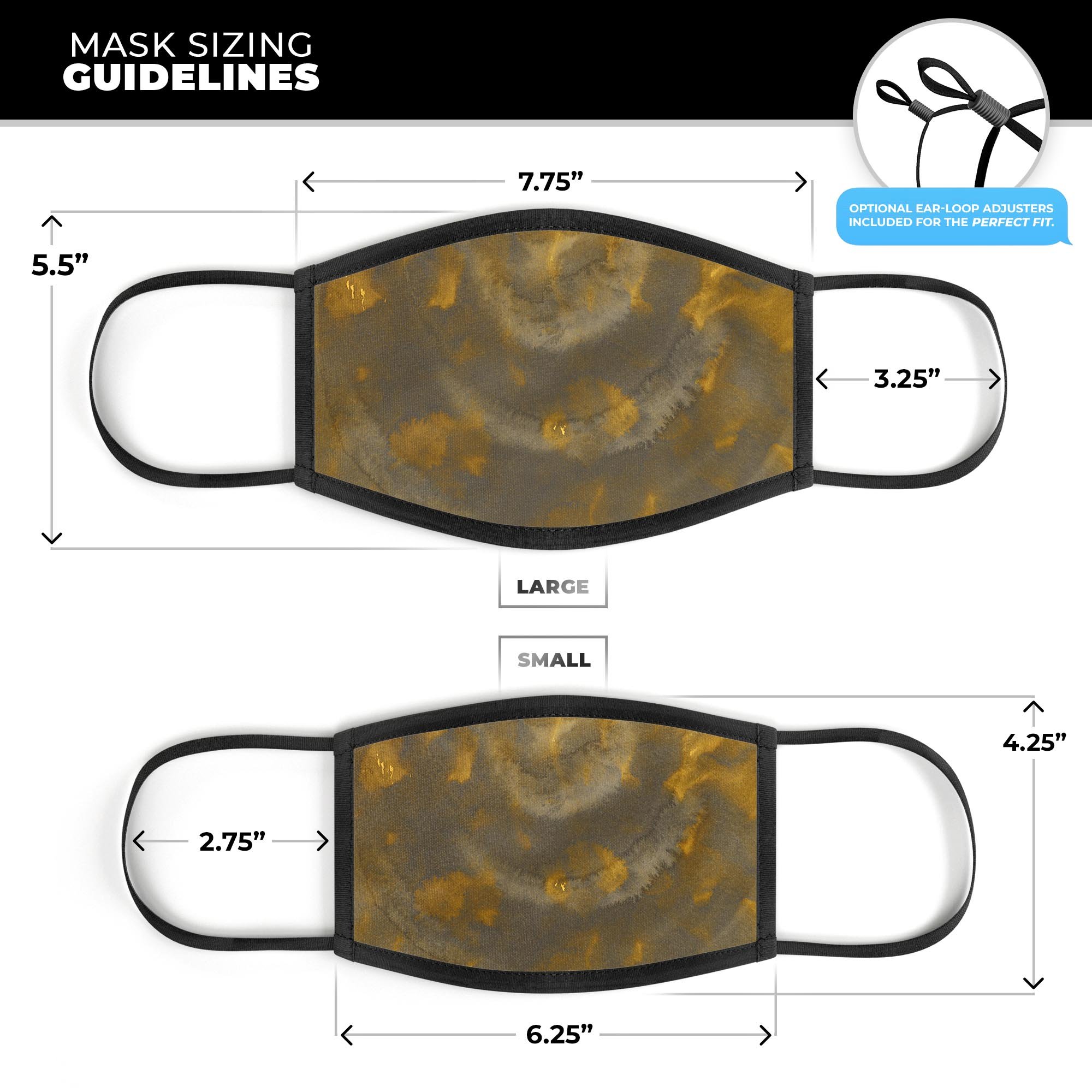 Stained Gold and Gray Circles unisex mouth cover, showcasing vibrant dye-sublimated design and adjustable ear loops.