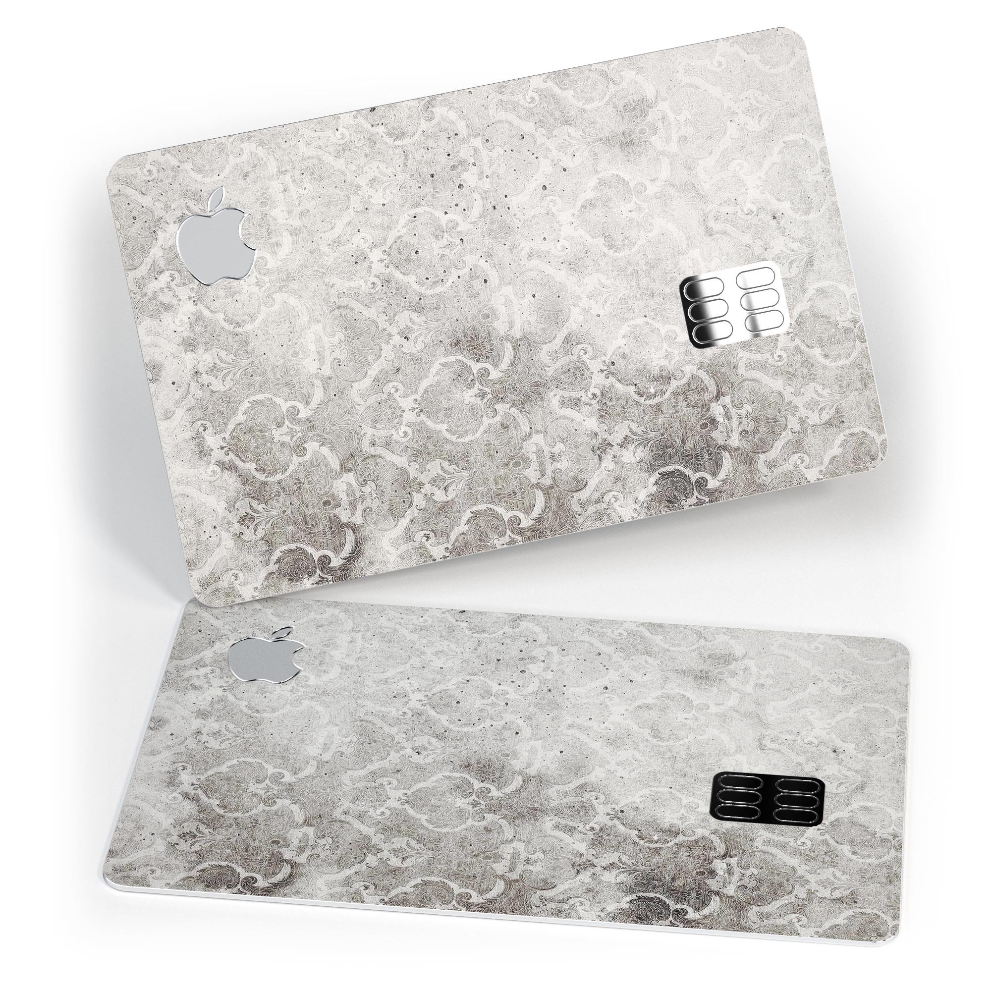 Stained Gray Damask Pattern decal skin for Apple Card, showcasing its elegant design and premium quality.