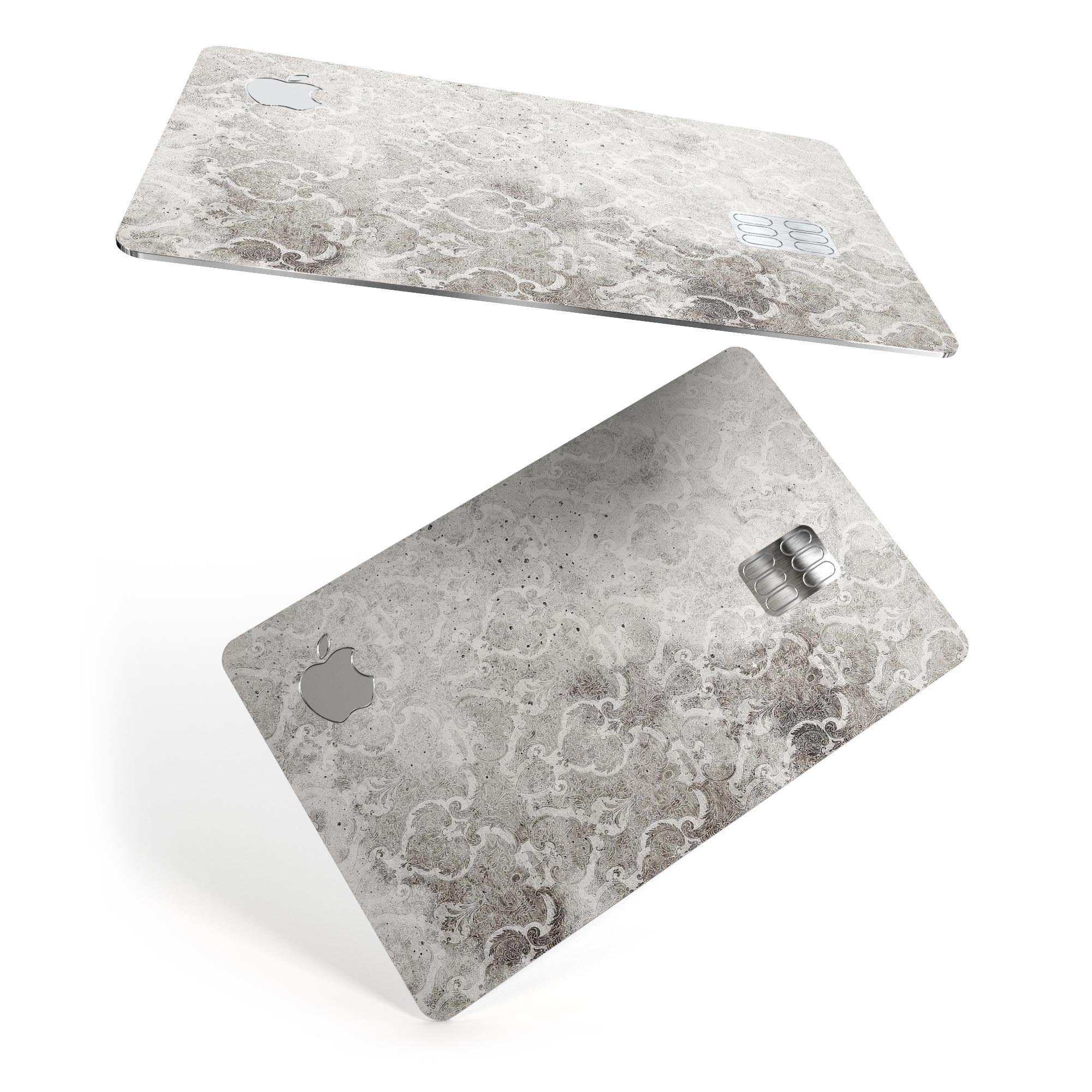 Stained Gray Damask Pattern decal skin for Apple Card, showcasing its elegant design and premium quality.