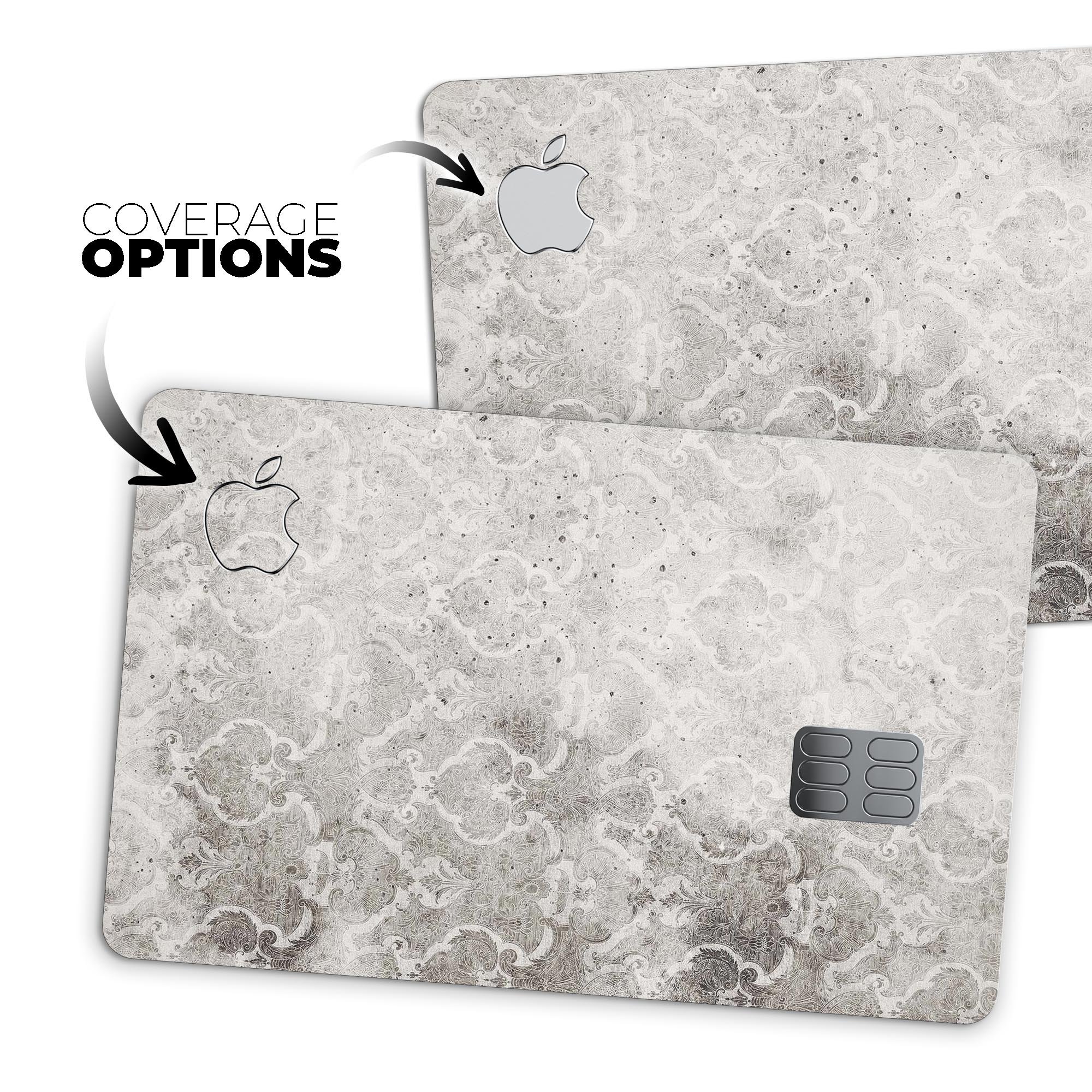 Stained Gray Damask Pattern decal skin for Apple Card, showcasing its elegant design and premium quality.