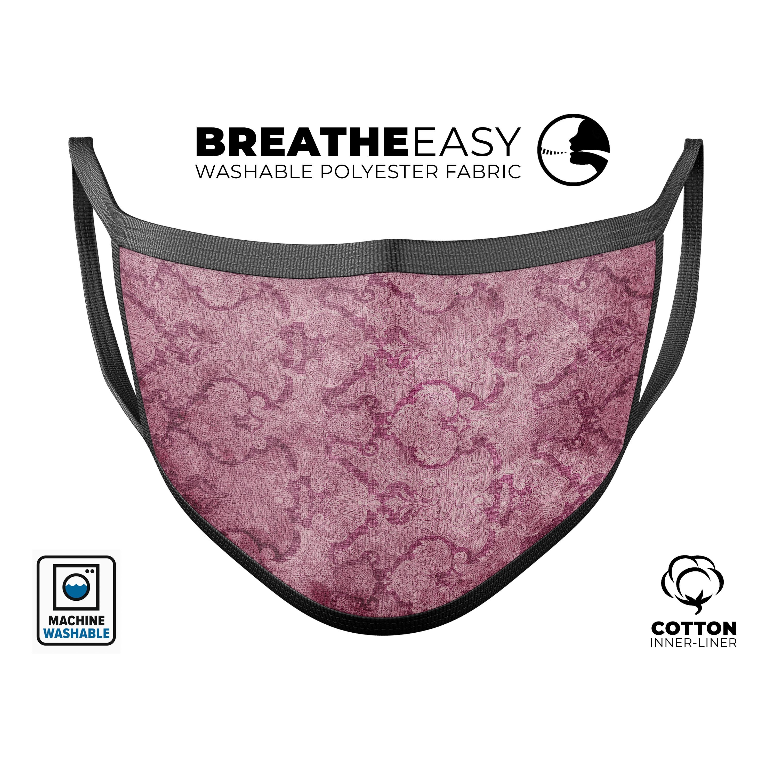 Stained Magenta Damask Pattern mouth cover, showcasing vibrant colors and adjustable ear loops for a comfortable fit.