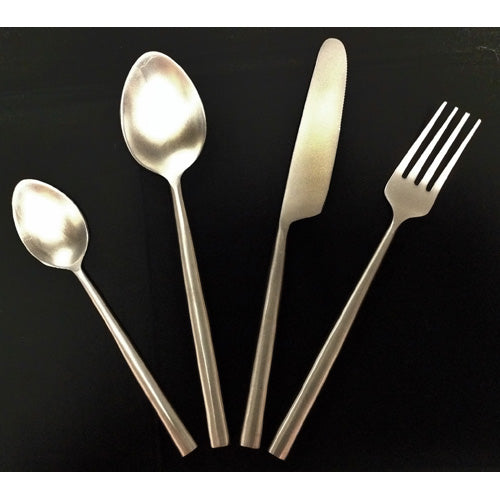 A beautifully crafted stainless steel silverware set including forks, knives, and spoons, showcasing elegant design and sturdy construction.