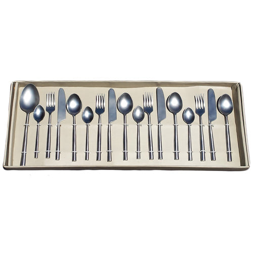 A beautifully crafted stainless steel silverware set including forks, knives, and spoons, showcasing elegant design and sturdy construction.