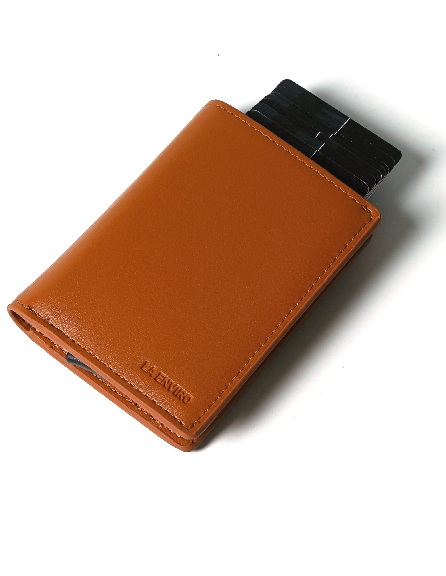 STANLEY Wallet in Tan made from premium vegan leather, featuring a sleek design with a button for quick card access and RFID blocking technology.