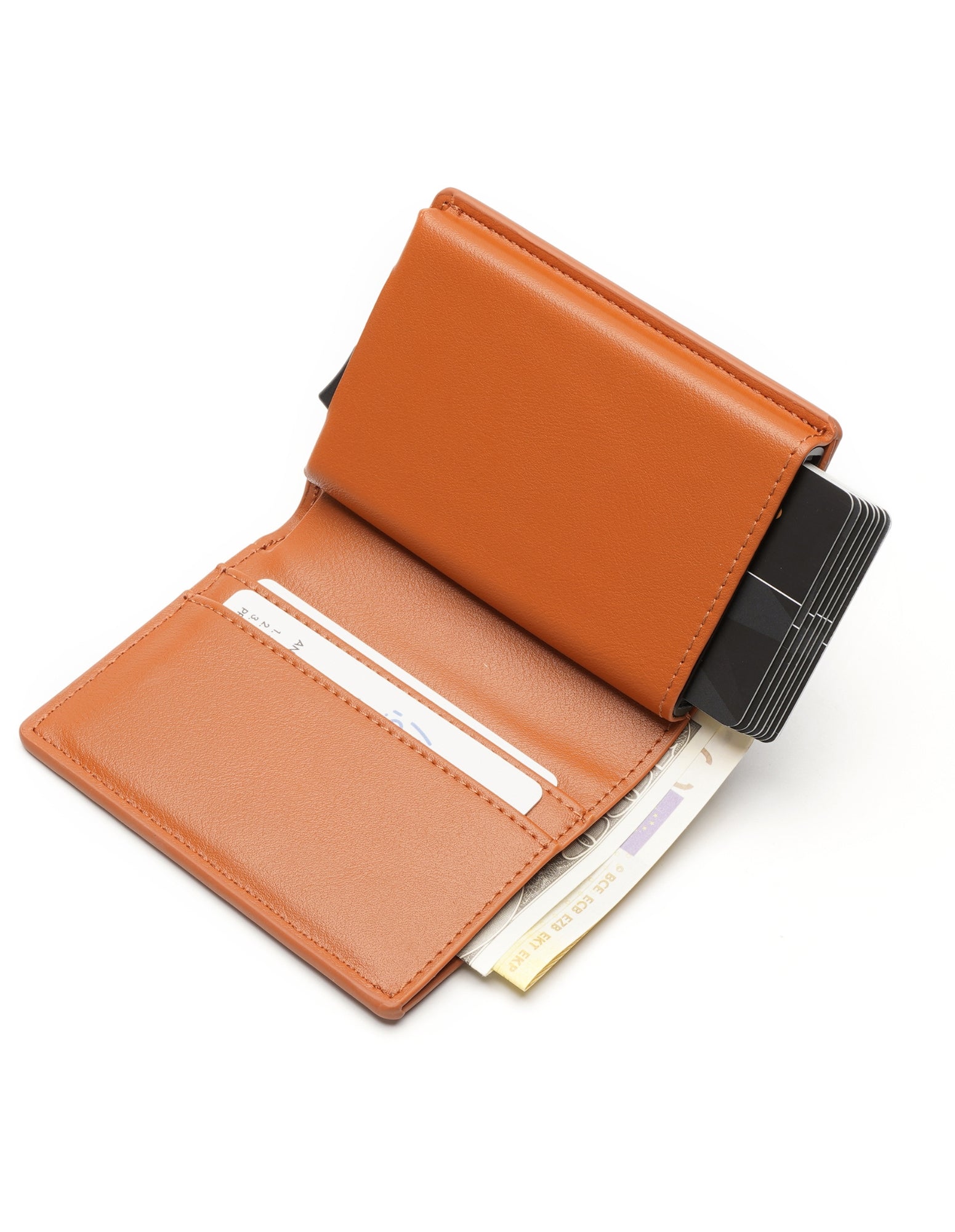 STANLEY Wallet in Tan made from premium vegan leather, featuring a sleek design with a button for quick card access and RFID blocking technology.