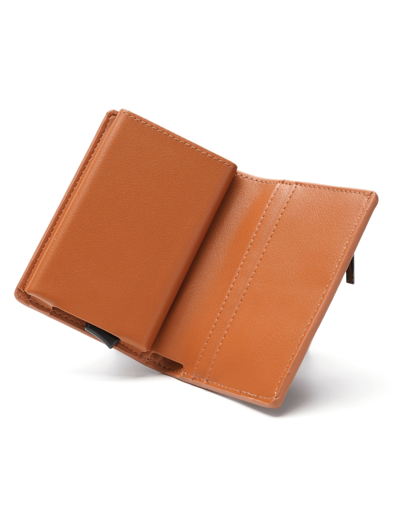 STANLEY Wallet in Tan made from premium vegan leather, featuring a sleek design with a button for quick card access and RFID blocking technology.