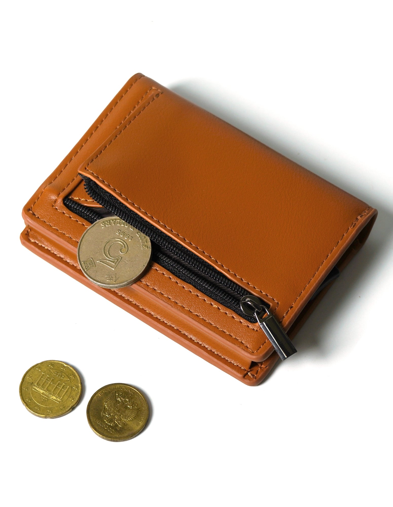 STANLEY Wallet in Tan made from premium vegan leather, featuring a sleek design with a button for quick card access and RFID blocking technology.