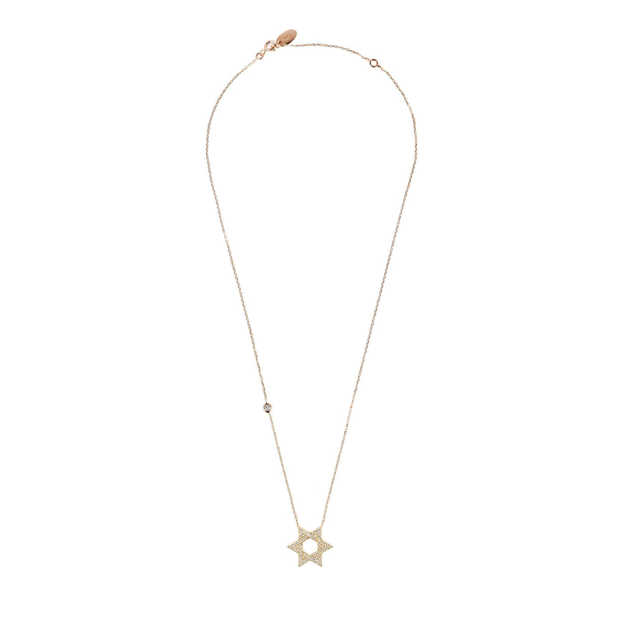 Elegant Star of David Necklace handcrafted in sterling silver with white zircons, featuring adjustable chain lengths and available in gold and rose gold finishes.