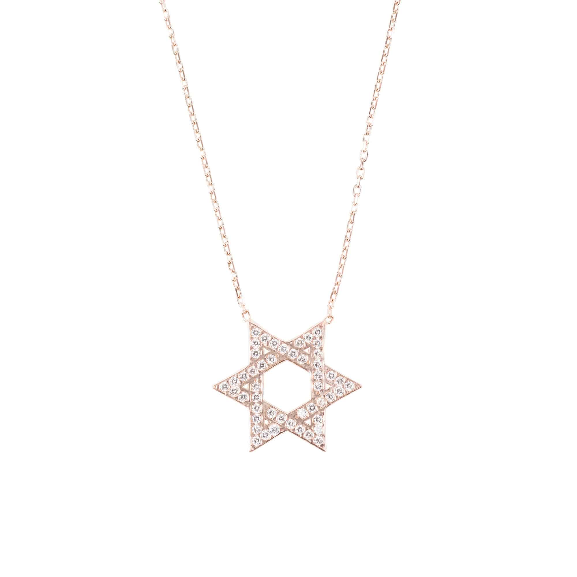 Elegant Star of David Necklace handcrafted in sterling silver with white zircons, featuring adjustable chain lengths and available in gold and rose gold finishes.