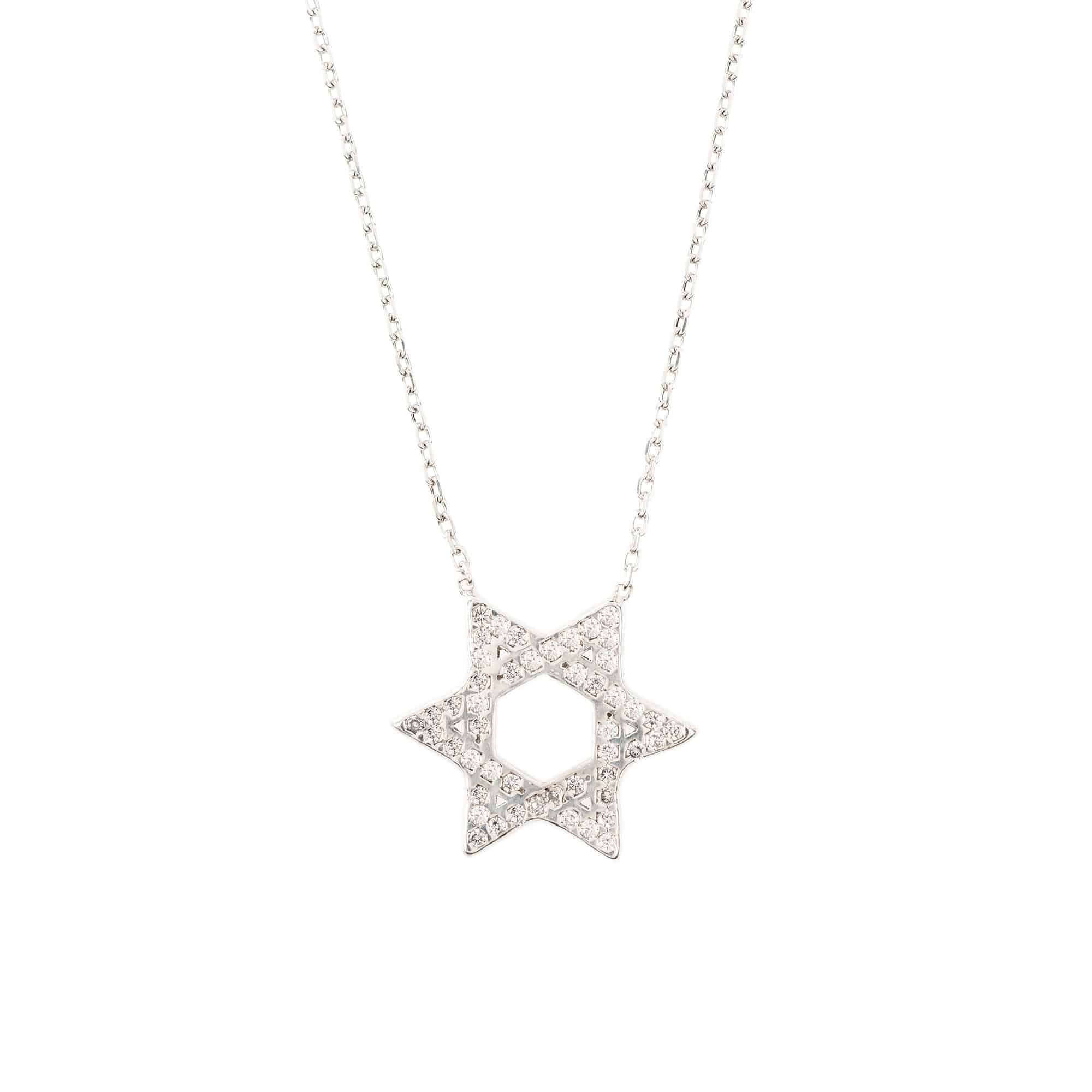 Elegant Star of David Necklace handcrafted in sterling silver with white zircons, featuring adjustable chain lengths and available in gold and rose gold finishes.