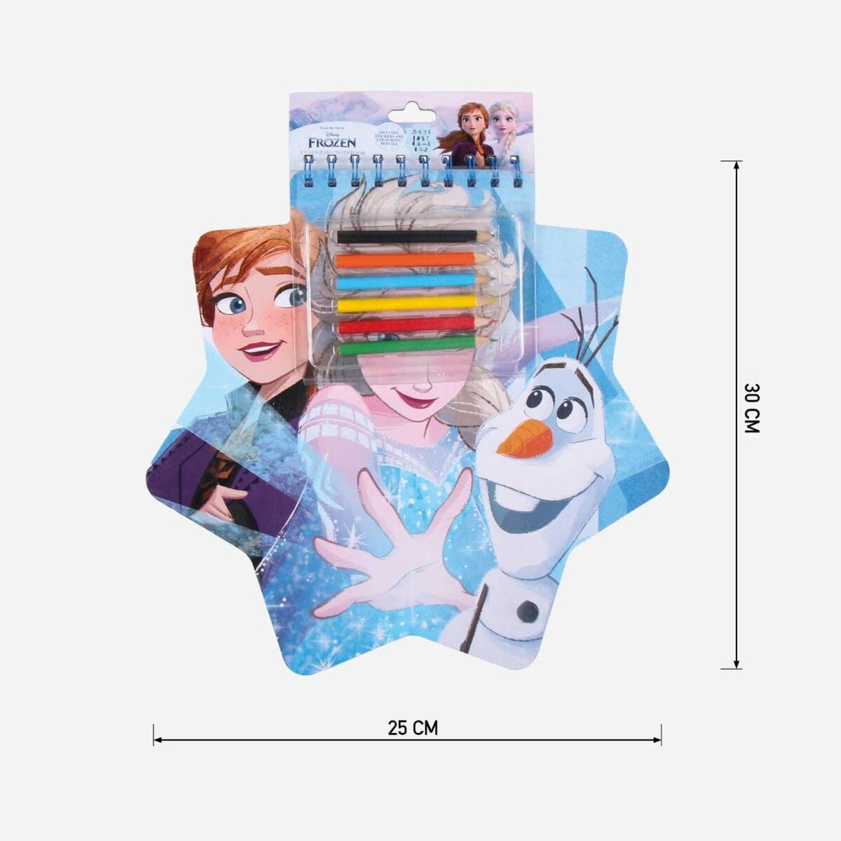 Frozen-themed notebook and crayons.