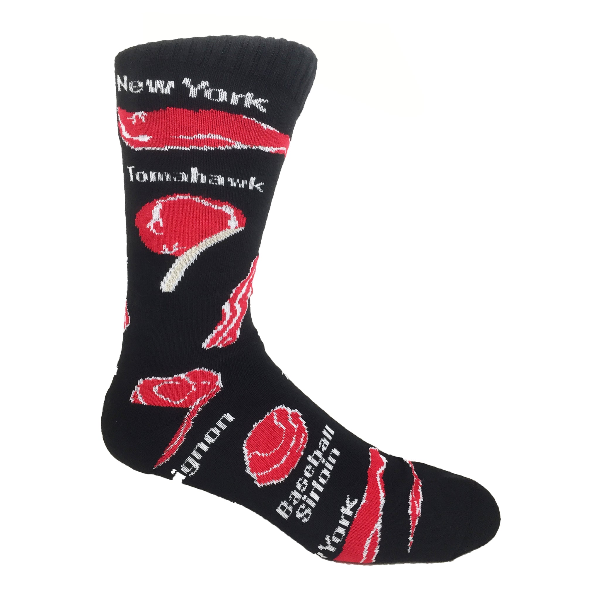 Stylish black crew socks featuring vibrant red steak cuts including Filet Mignon, Prime Rib, and T-bone.