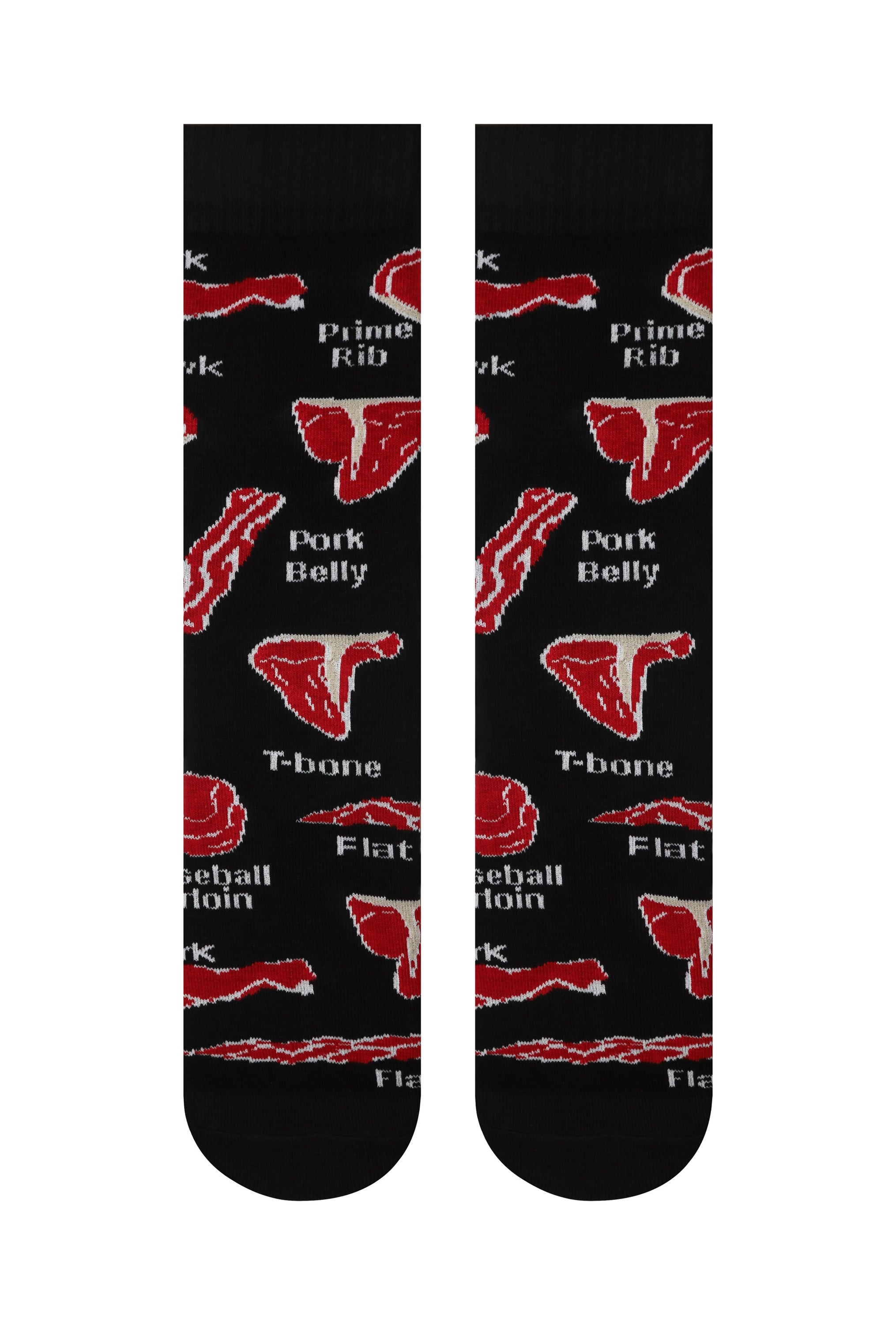 Stylish black crew socks featuring vibrant red steak cuts including Filet Mignon, Prime Rib, and T-bone.