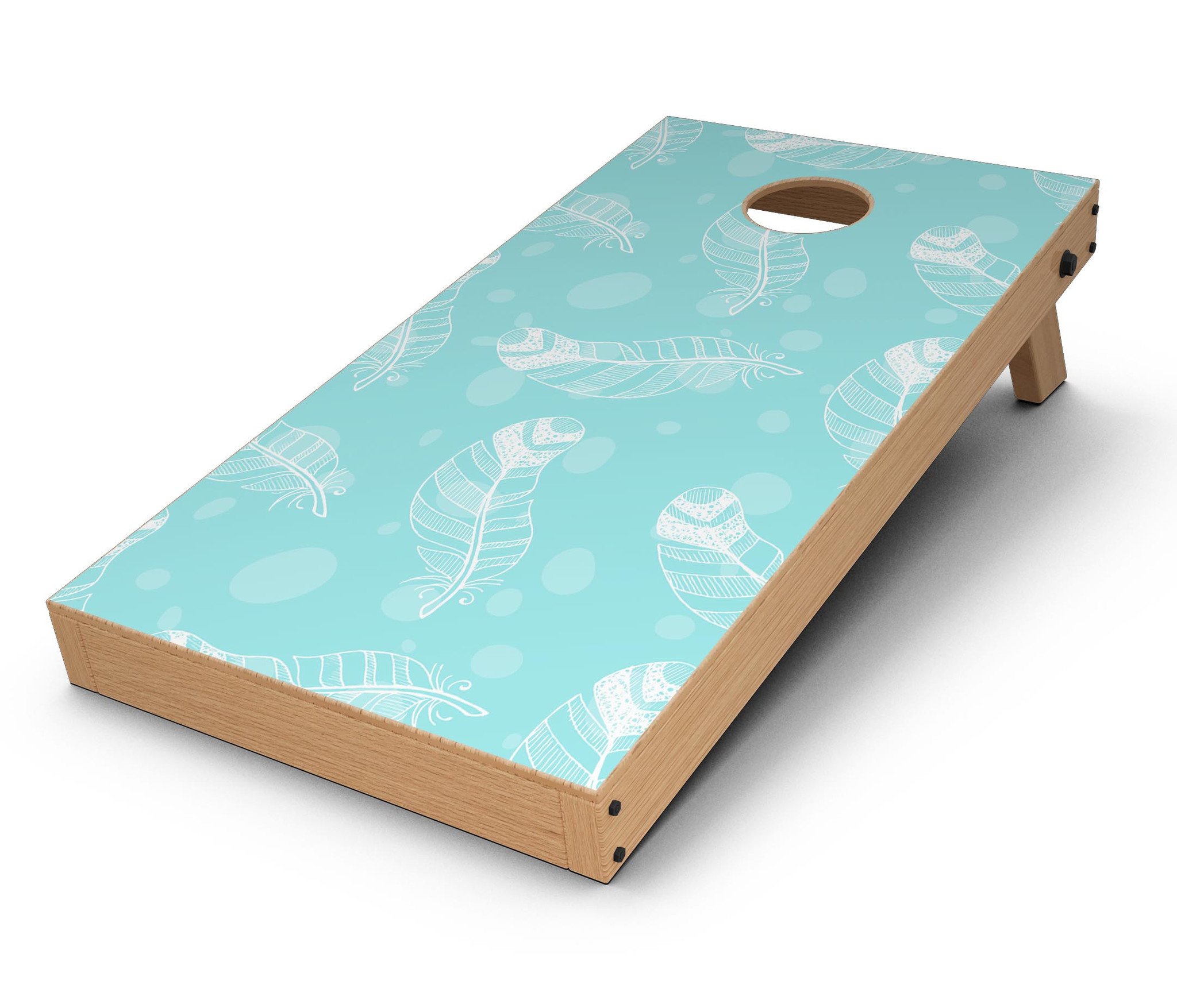 Stenciled Feather Pattern CornHole Board Skin Decal Kit displayed on a wooden surface, showcasing its vibrant design and premium quality.