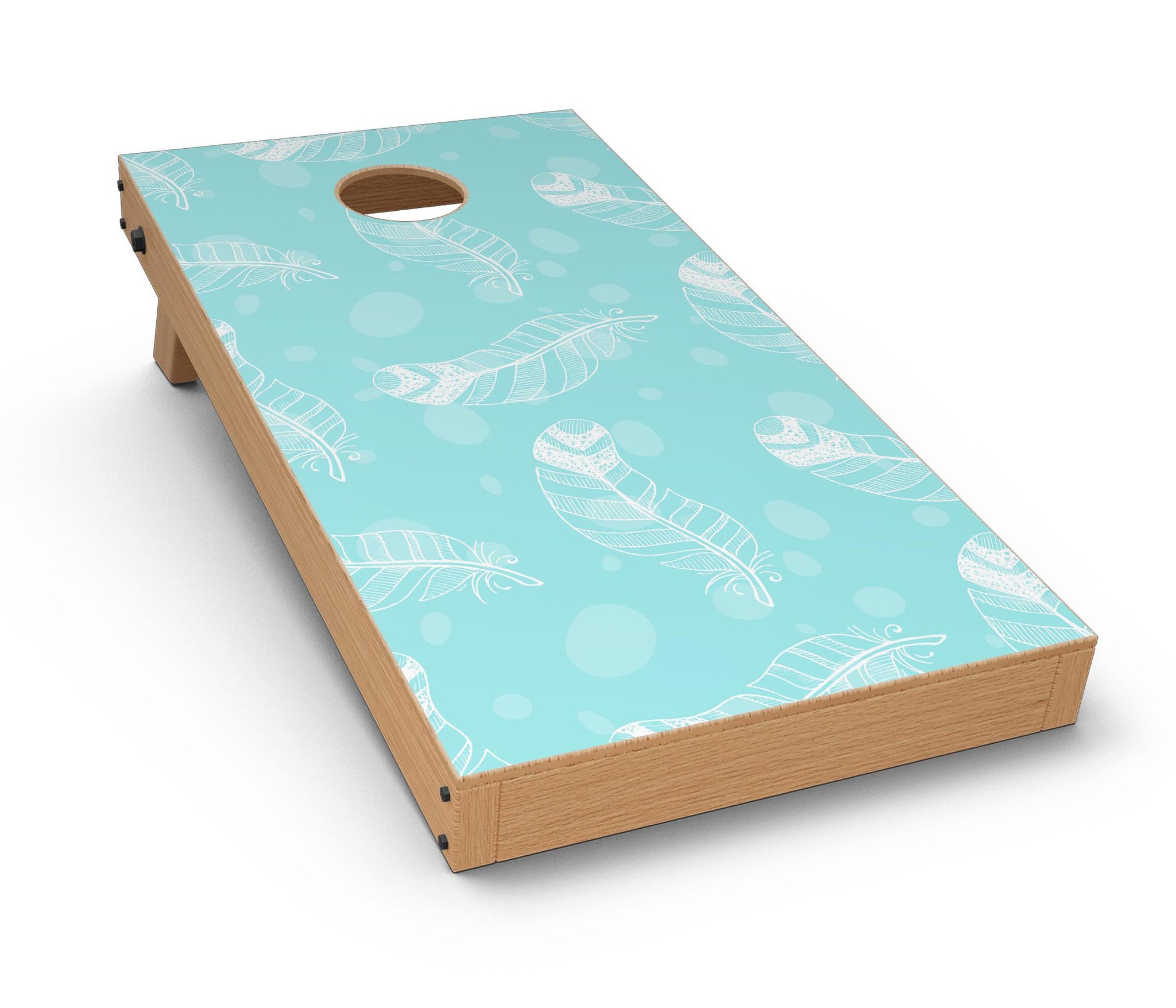 Stenciled Feather Pattern CornHole Board Skin Decal Kit displayed on a wooden surface, showcasing its vibrant design and premium quality.