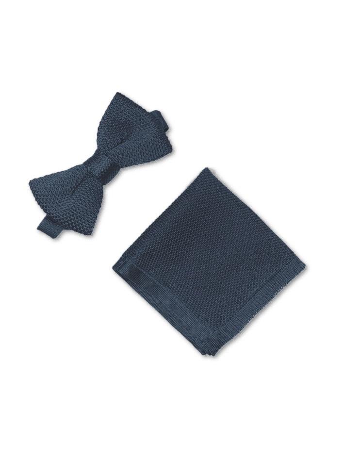 Stone Blue knitted bow tie and pocket square set, featuring a pre-tied bow tie and matching pocket square in a stylish stone blue color.