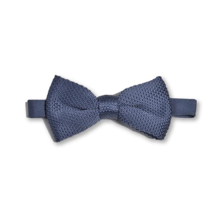 Stone Blue Knitted Bow Tie displayed on a white background, showcasing its unique knitted texture and elegant color.