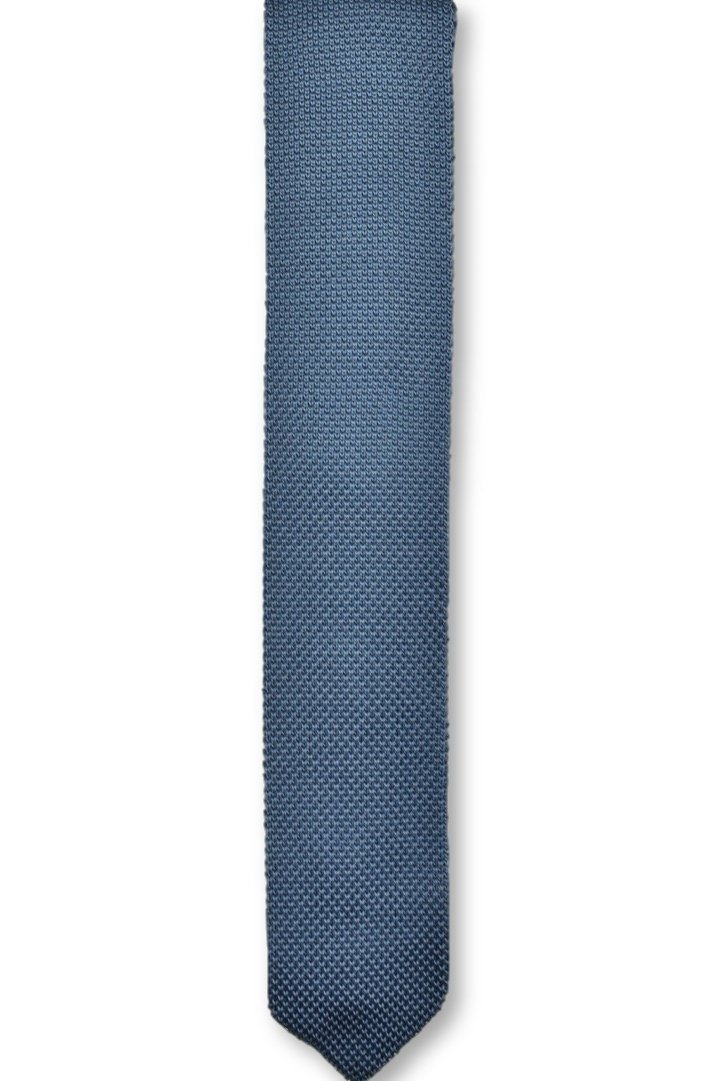 Stone Blue knitted tie with a pointed end, made from high-quality polyester, showcasing a textured design.