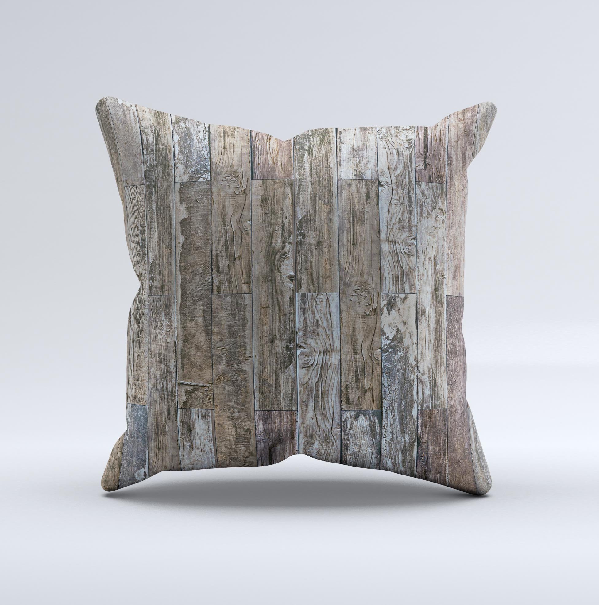 Straight Aged Wood Planks decorative throw pillow with unique ink-fuzed design, handcrafted in Virginia, showcasing high-quality fabric and filling.