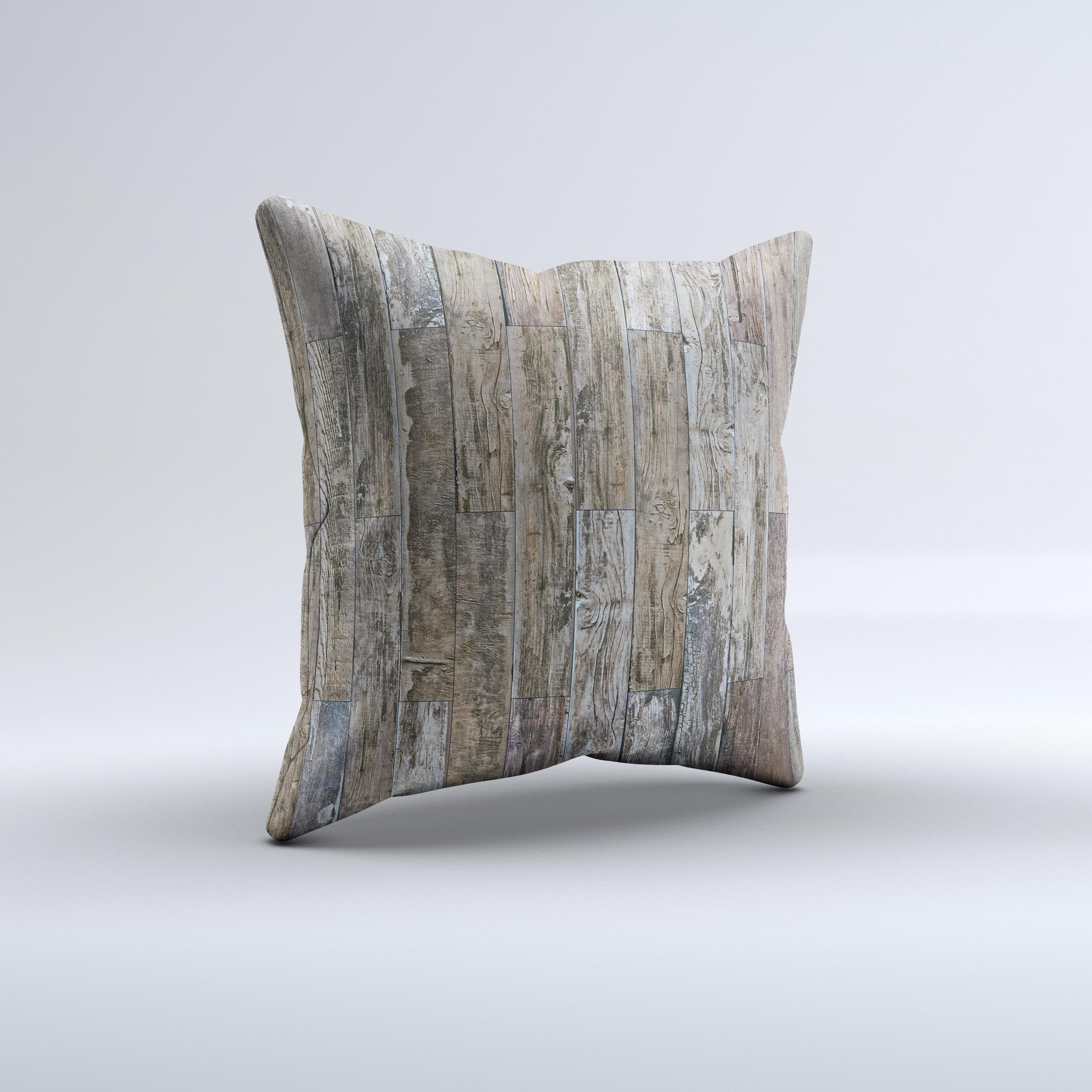 Straight Aged Wood Planks decorative throw pillow with unique ink-fuzed design, handcrafted in Virginia, showcasing high-quality fabric and filling.