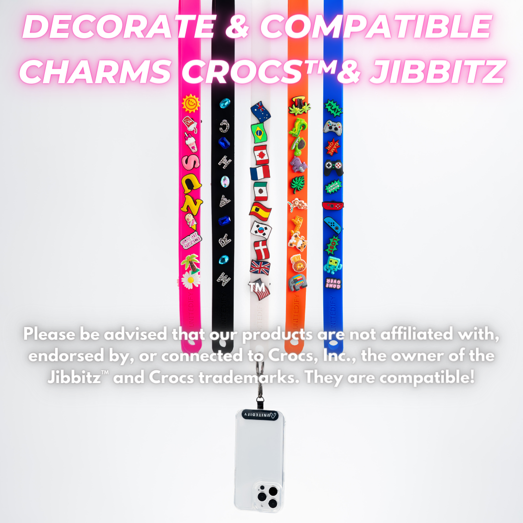 Unitedify Strap for Phone featuring a 47-inch length, compatible with various phone cases and charms.