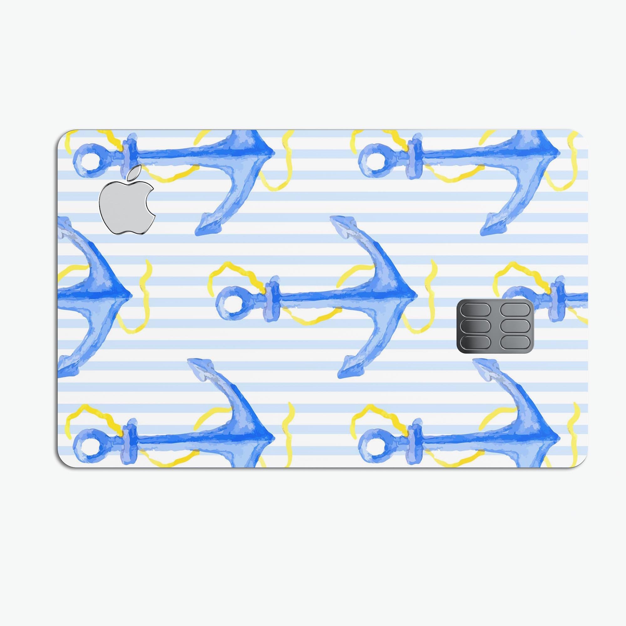 Striped Blue and Gold Watercolor Anchor decal for Apple Card, showcasing a vibrant design with protective features.