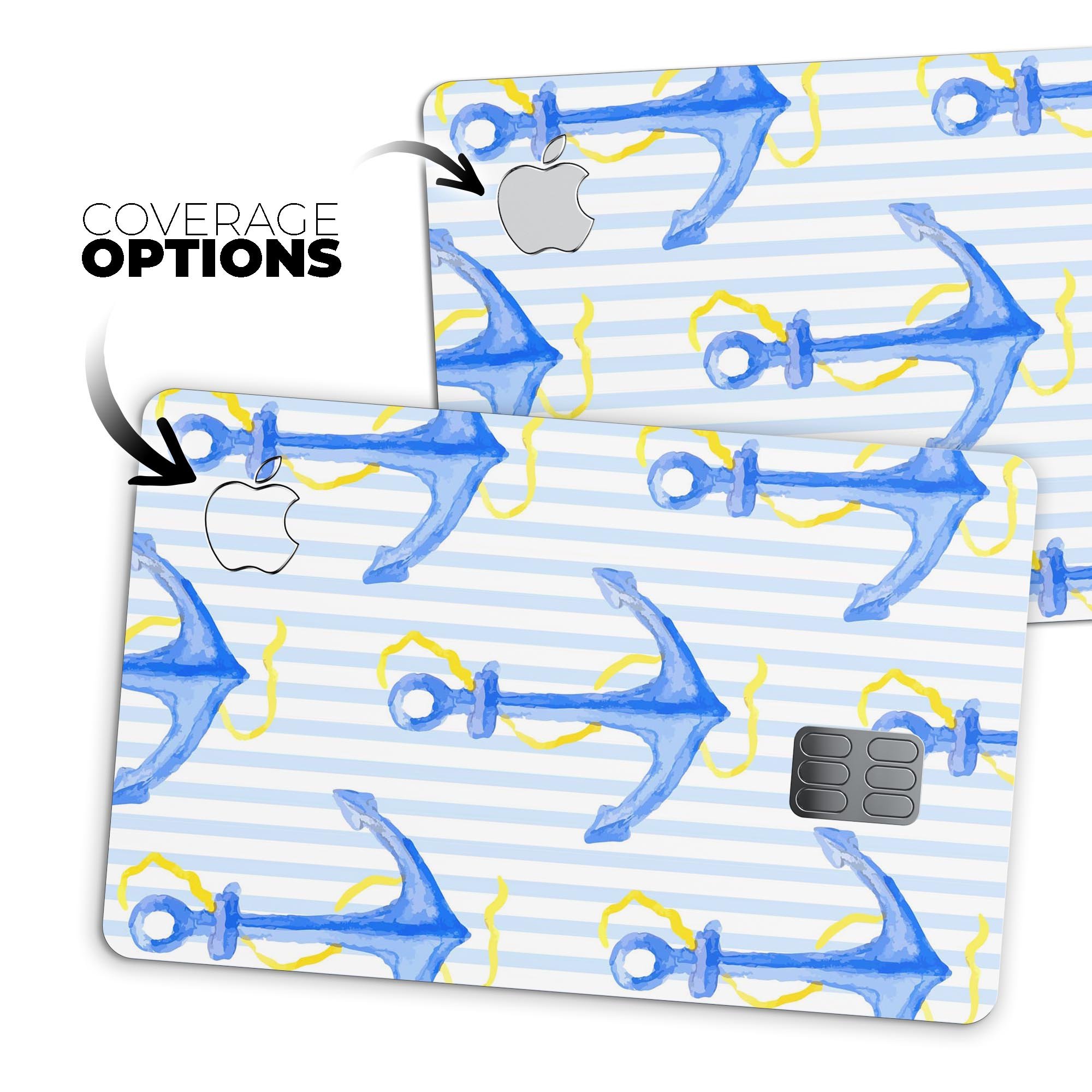 Striped Blue and Gold Watercolor Anchor decal for Apple Card, showcasing a vibrant design with protective features.