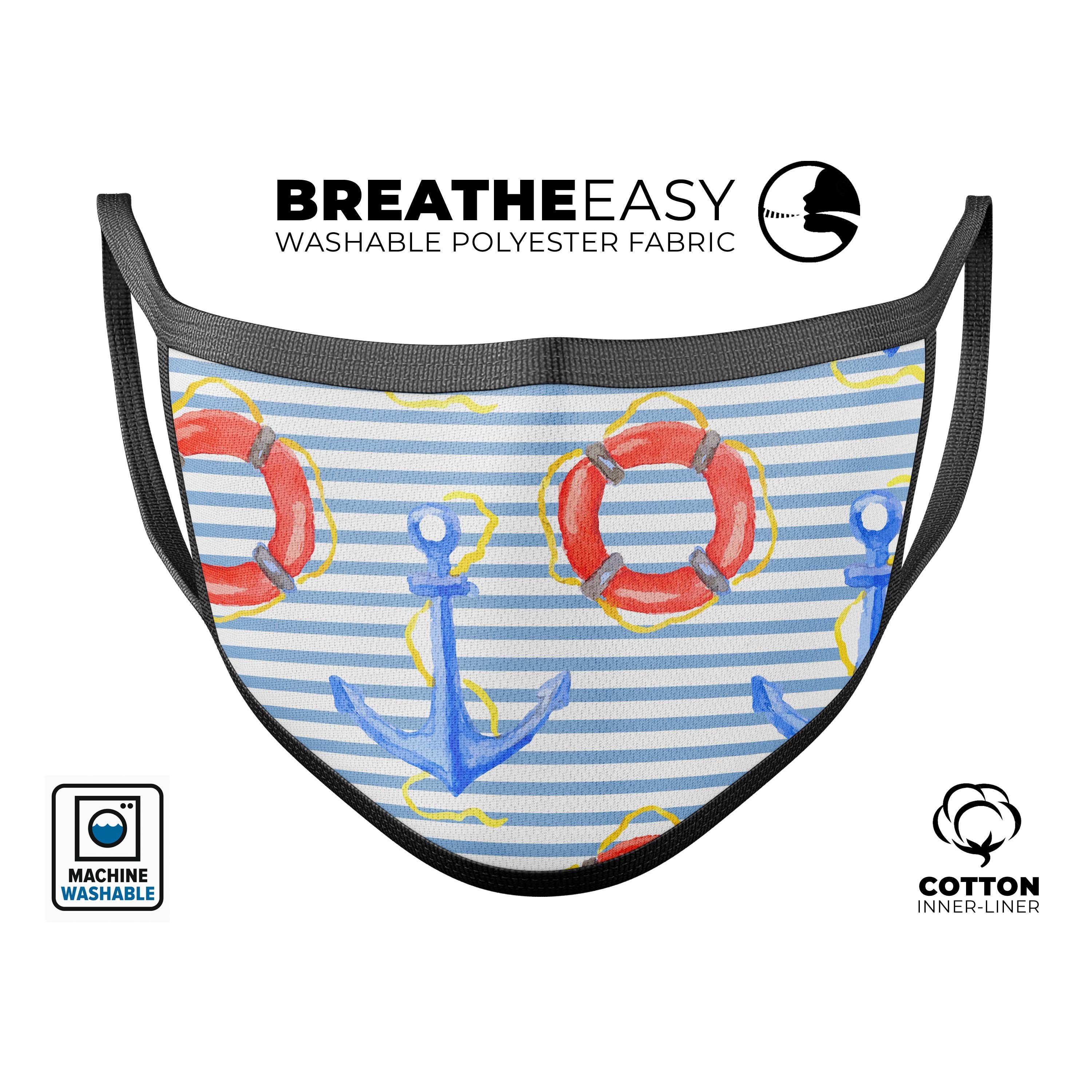 Striped Watercolor Nautical Blue and Pink mouth cover, featuring a vibrant design and adjustable ear loops for a comfortable fit.