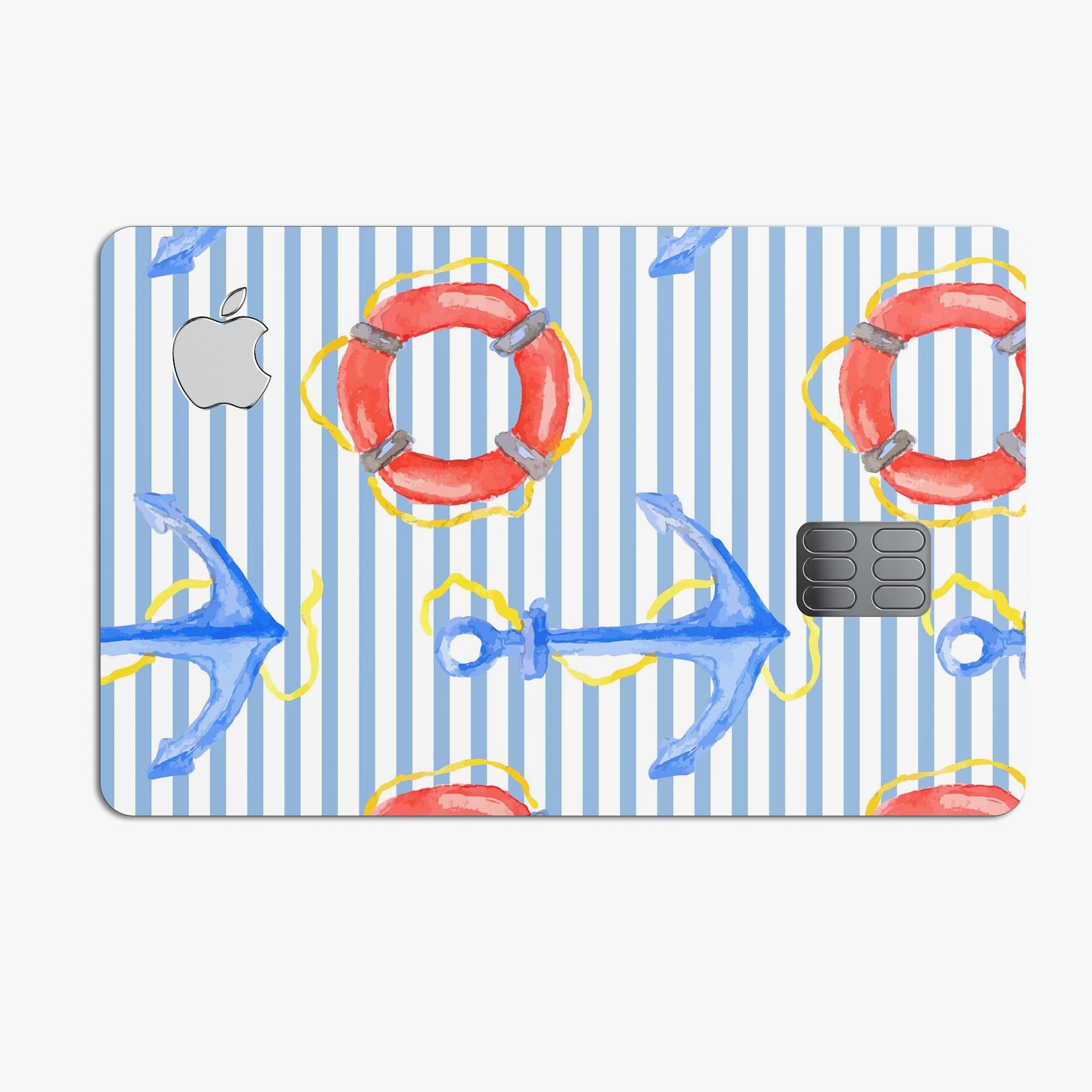 Striped Watercolor Nautical Blue and Pink Premium Protective Decal for Apple Card, showcasing vibrant colors and a stylish design.