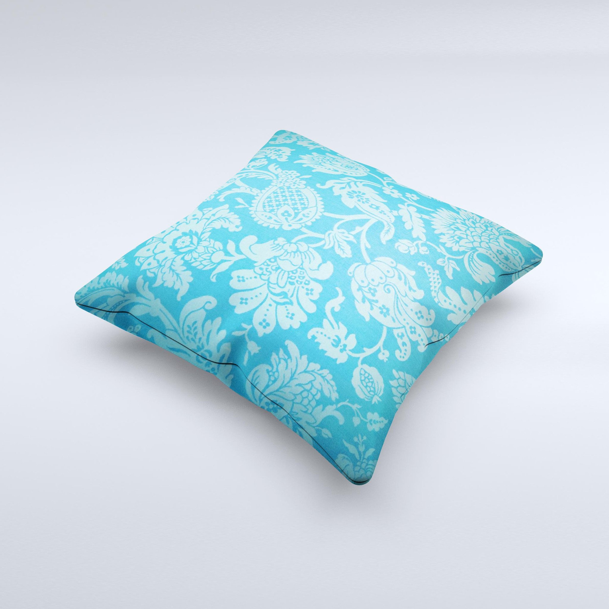 Subtle blue floral lace pattern decorative throw pillow with intricate design, showcasing its handmade quality and soft fabric.