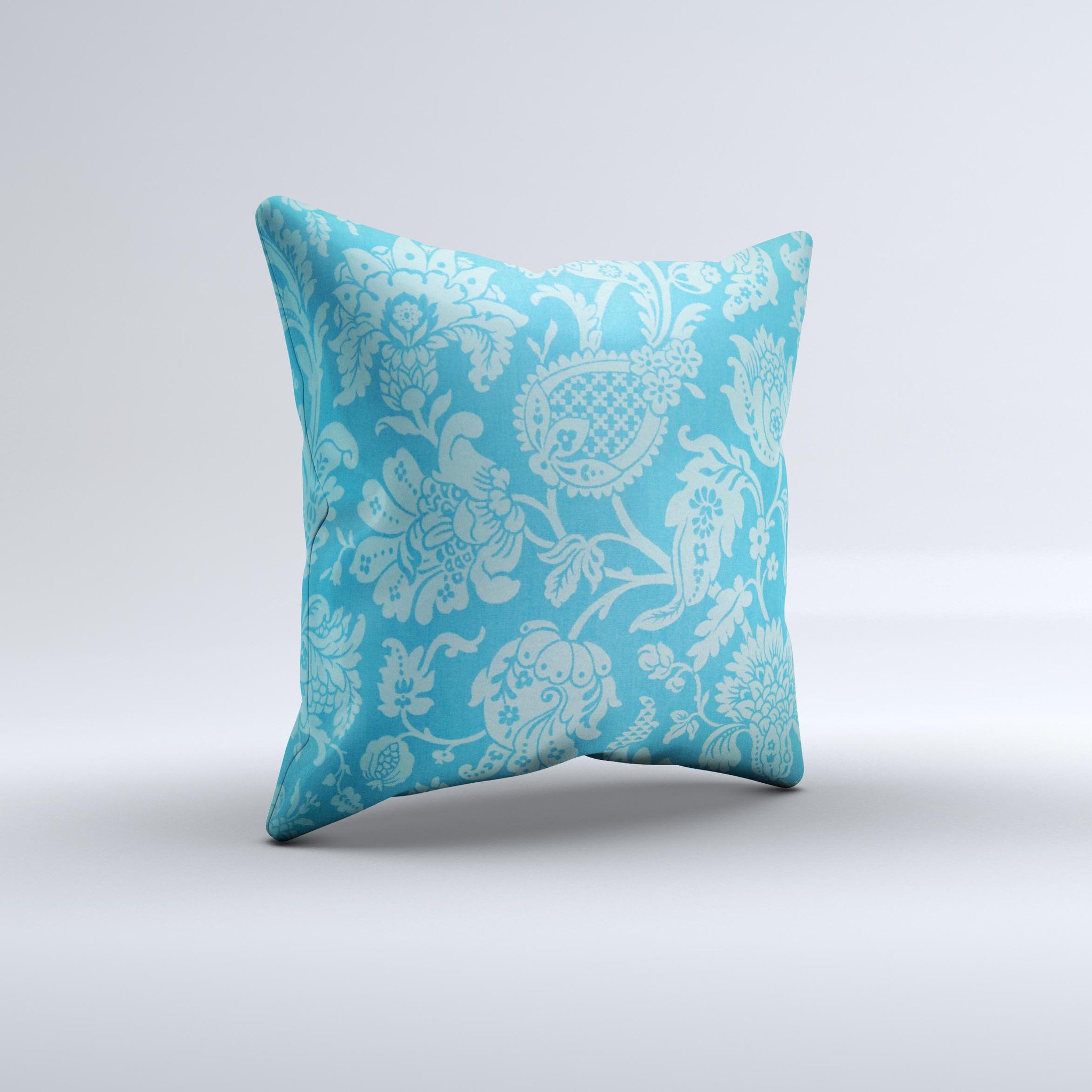 Subtle blue floral lace pattern decorative throw pillow with intricate design, showcasing its handmade quality and soft fabric.