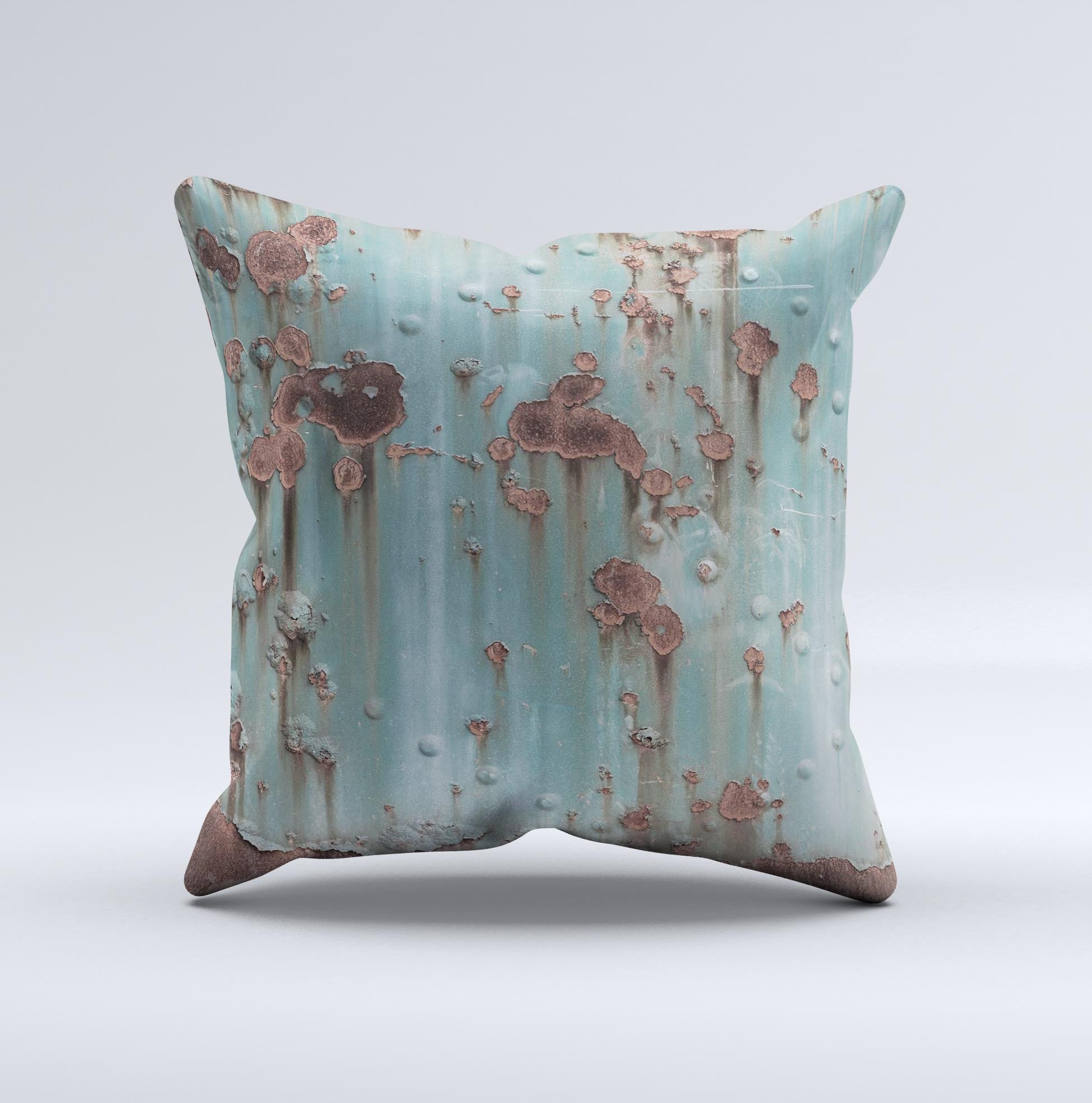 Subtle Blue Metal with Rust Ink-Fuzed Decorative Throw Pillow showcasing unique handcrafted design and high-quality fabric.