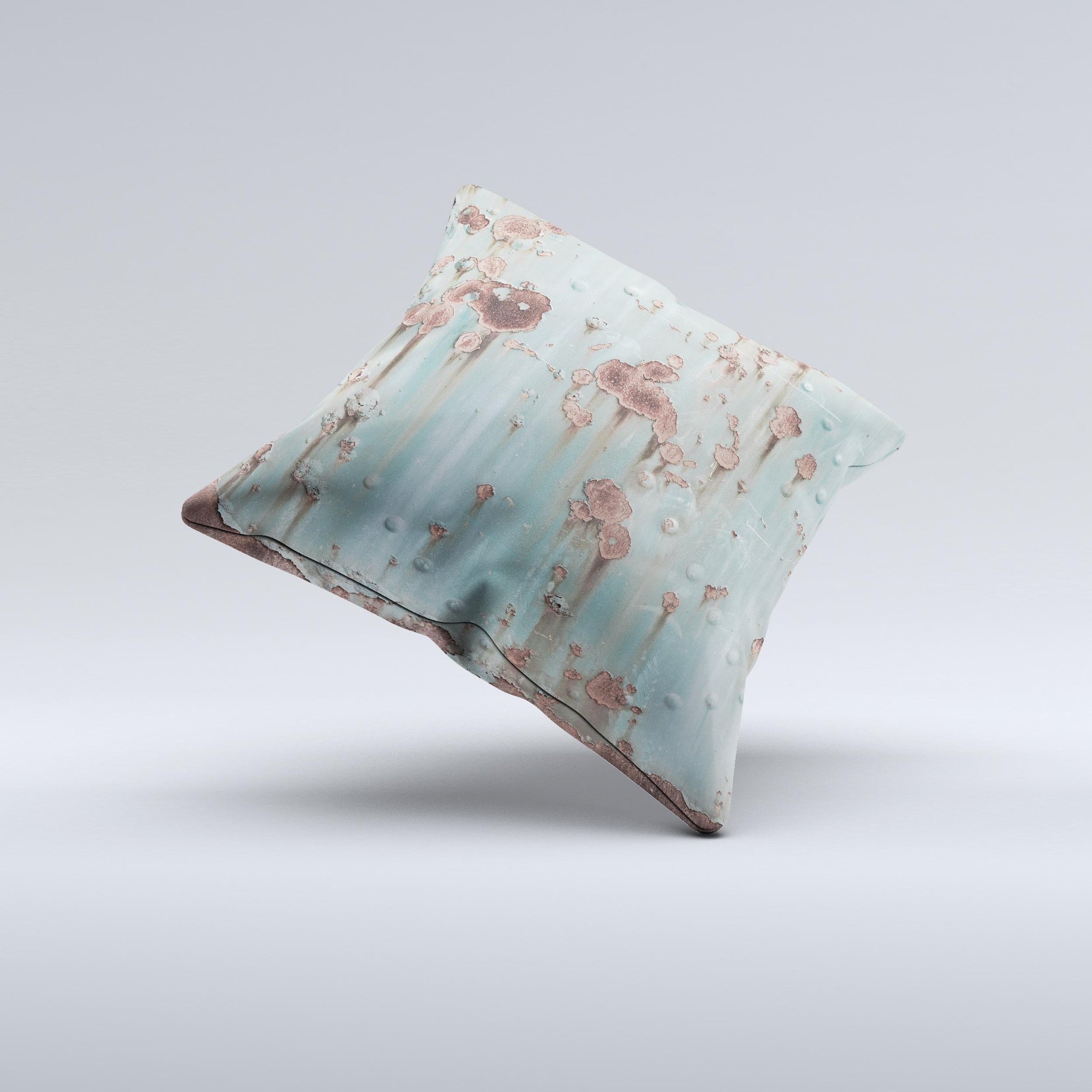 Subtle Blue Metal with Rust Ink-Fuzed Decorative Throw Pillow showcasing unique handcrafted design and high-quality fabric.