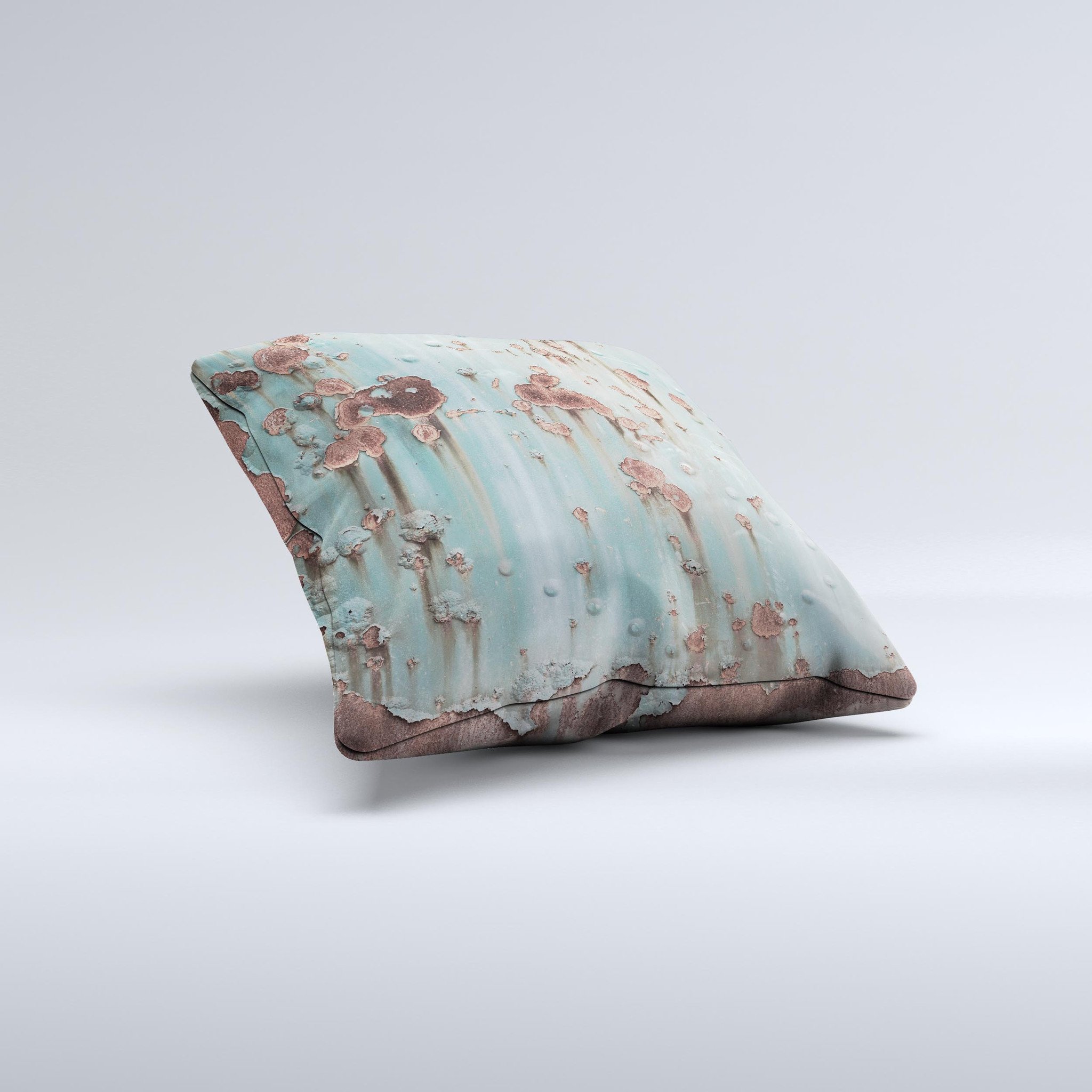 Subtle Blue Metal with Rust Ink-Fuzed Decorative Throw Pillow showcasing unique handcrafted design and high-quality fabric.