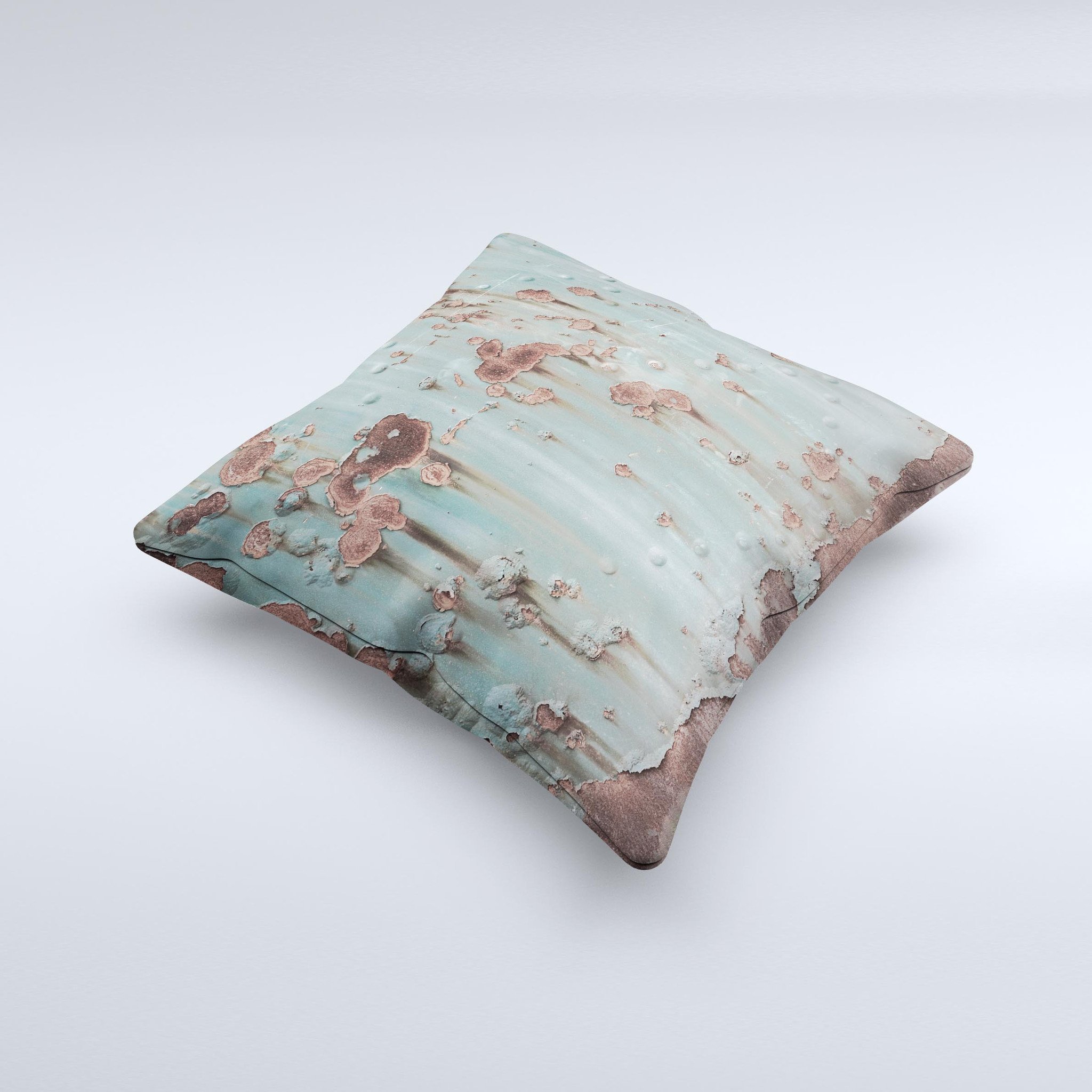 Subtle Blue Metal with Rust Ink-Fuzed Decorative Throw Pillow showcasing unique handcrafted design and high-quality fabric.